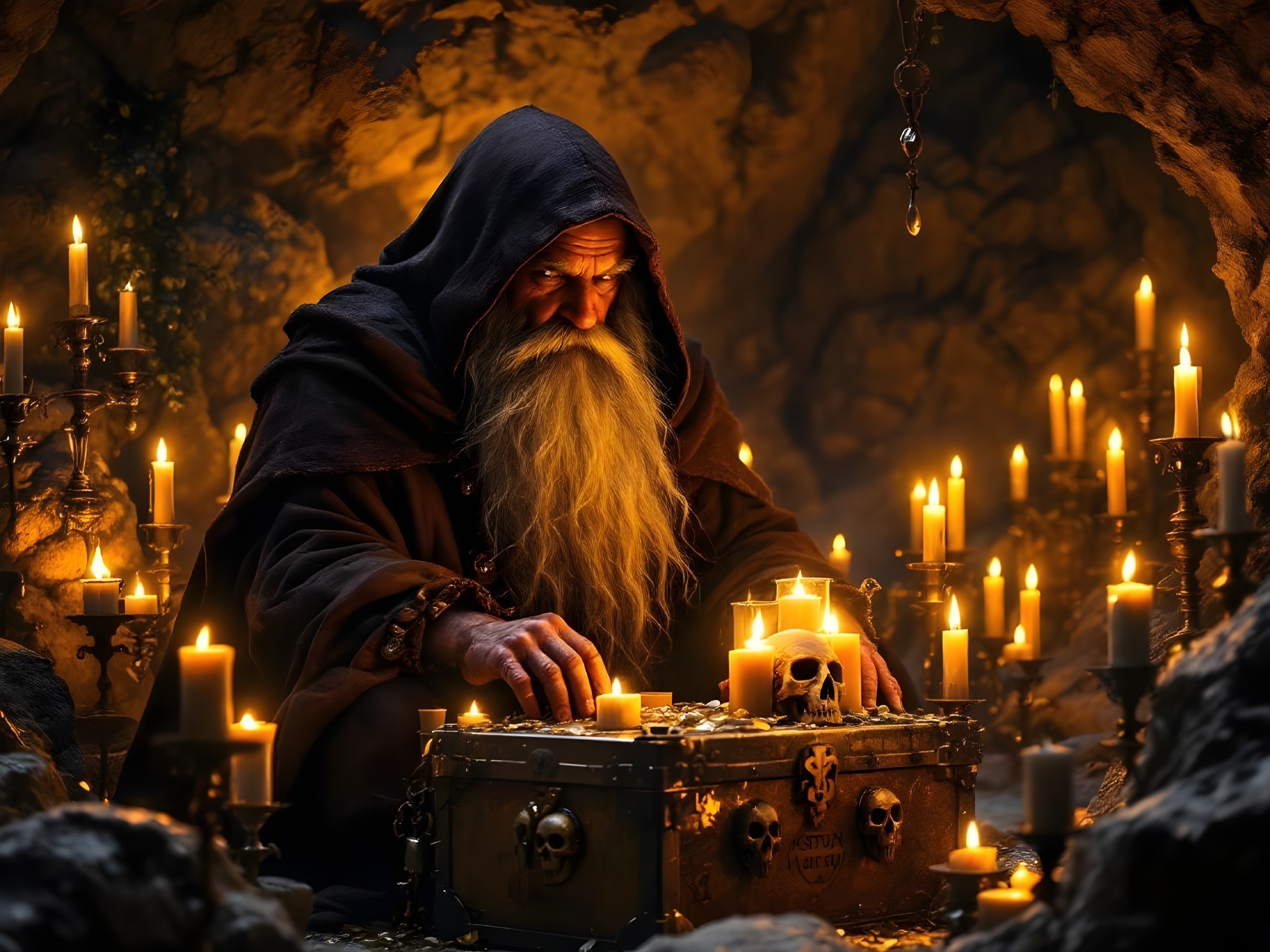 Ancient figure examines treasure chest in dim cave