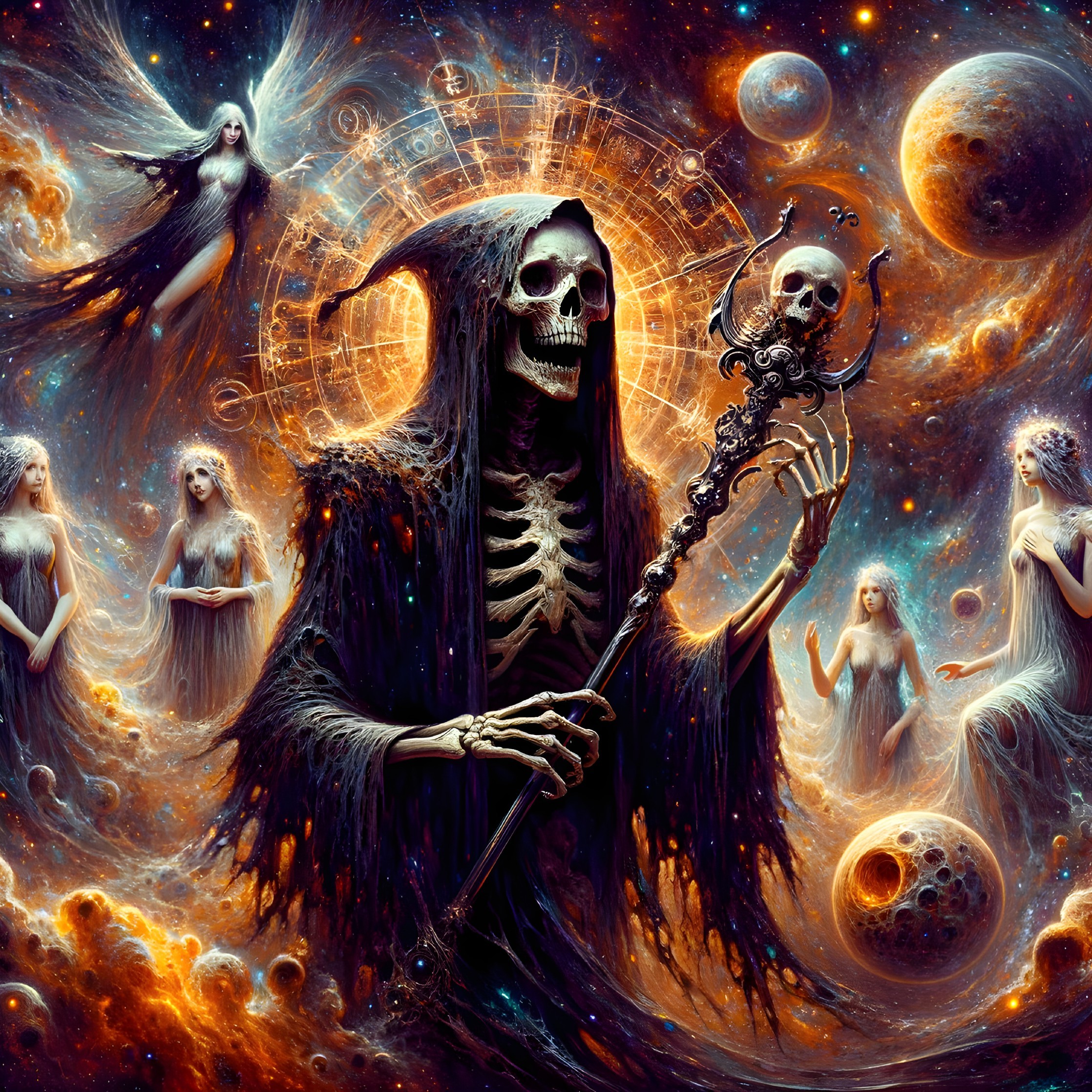 Skeletal Figure with Ethereal Beings in Cosmic Setting