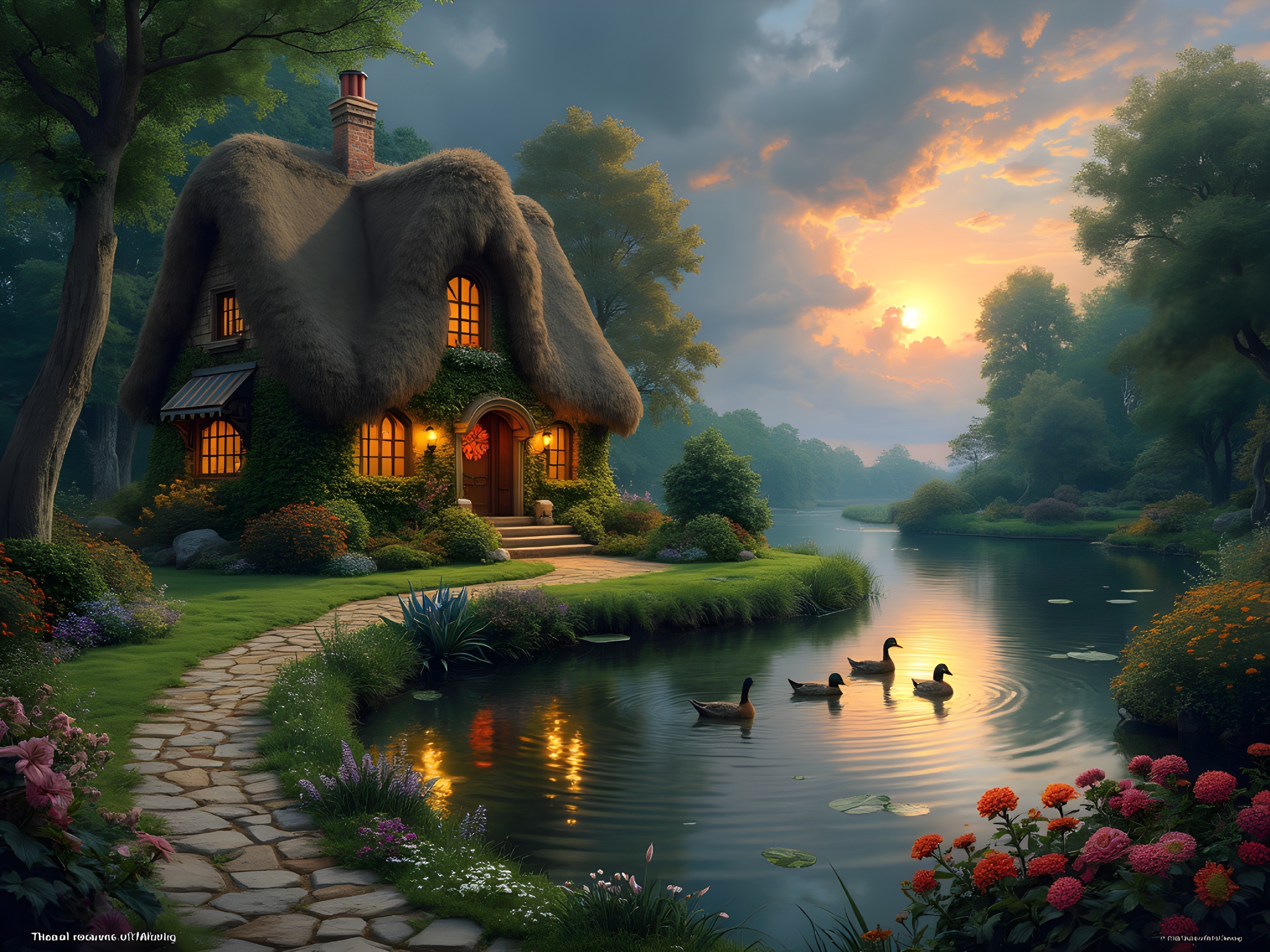 Thatched-Roof Cottage by a Serene Pond at Sunset