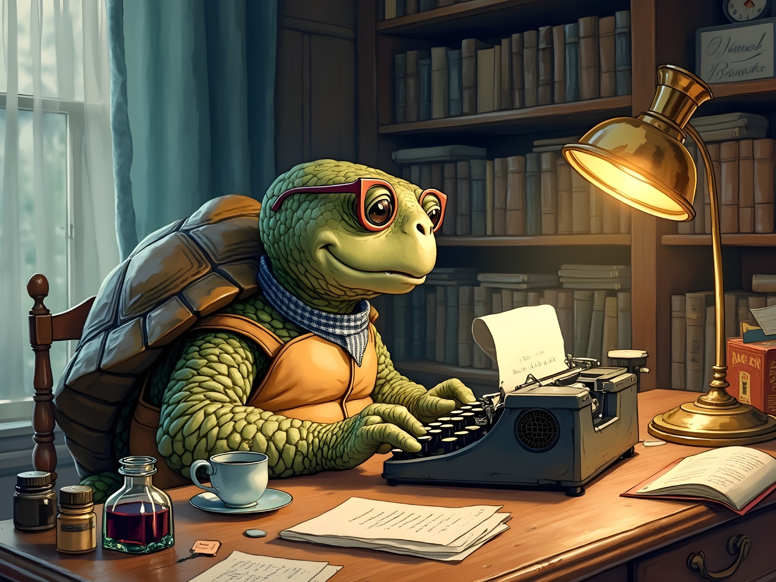 Scholarly Turtle at Vintage Desk with Typewriter