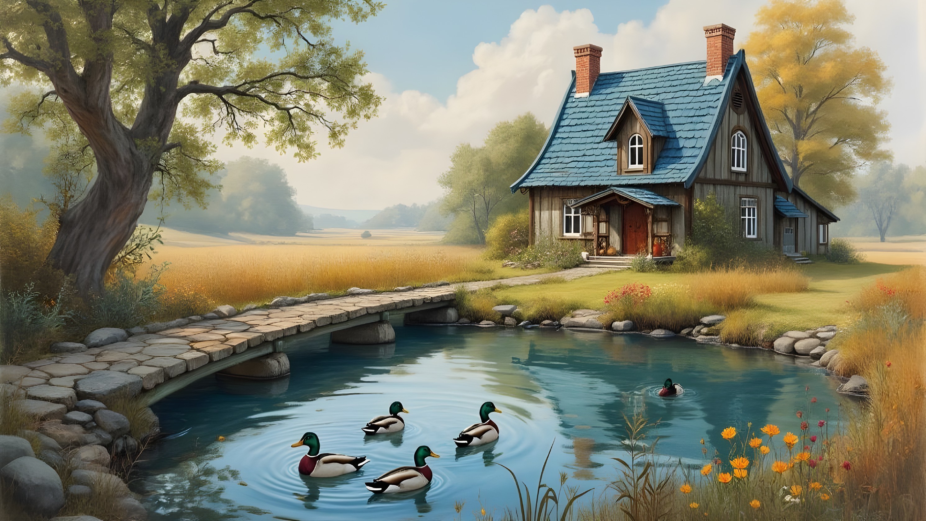 Charming Countryside Scene with House and Pond