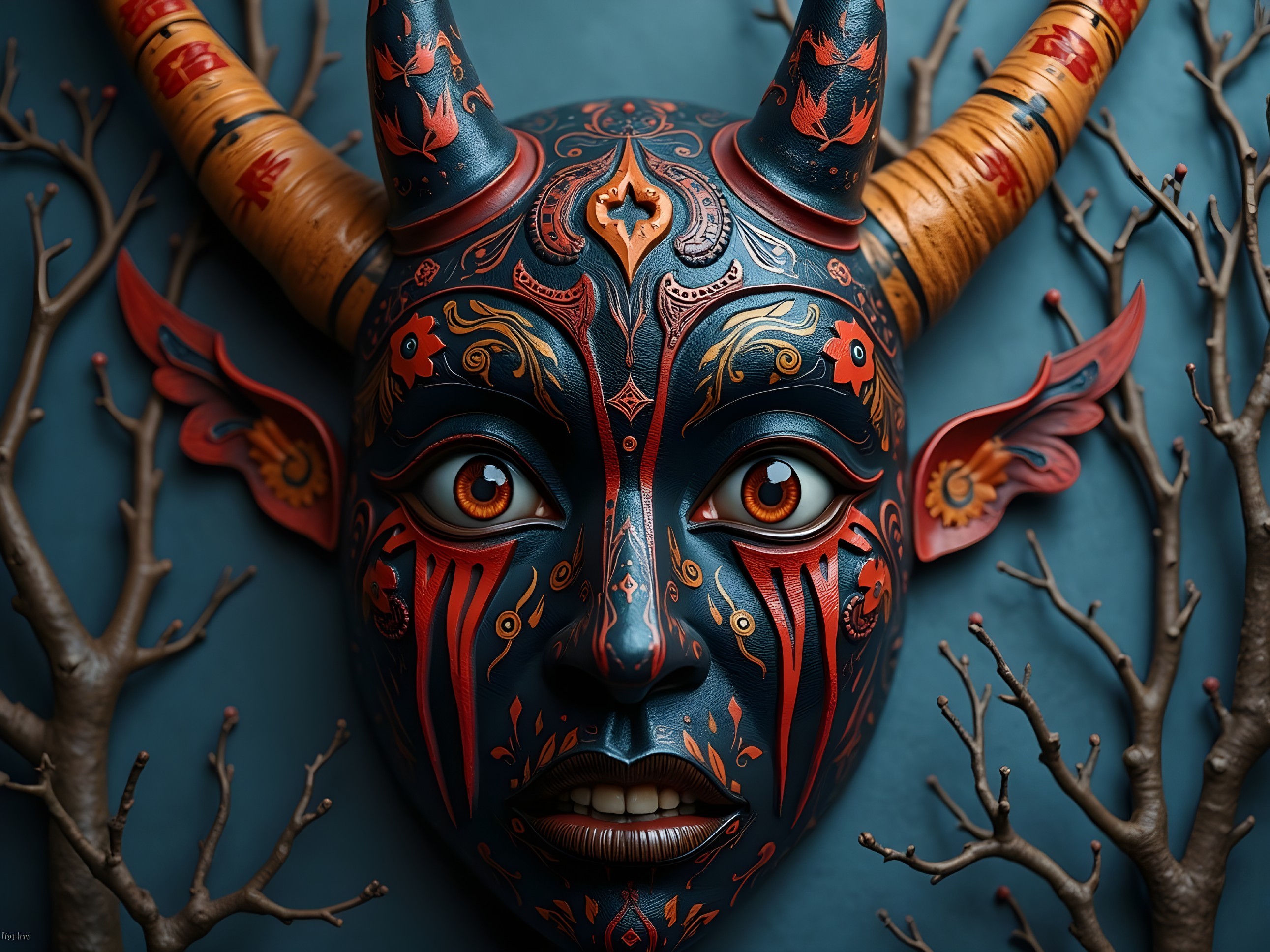 Intricately Designed Colorful Mask with Horns and Branches