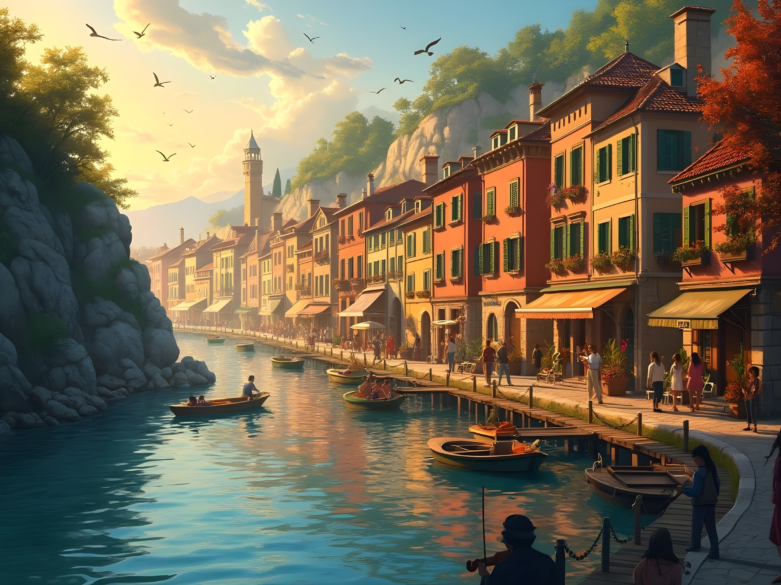 Charming Canal Scene with Colorful Buildings and Nature