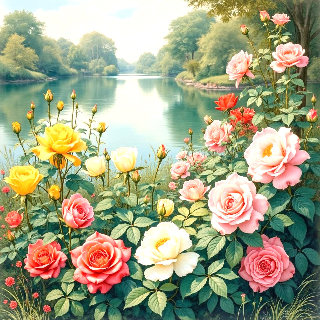 Tranquil River Landscape with Vibrant Roses and Greenery