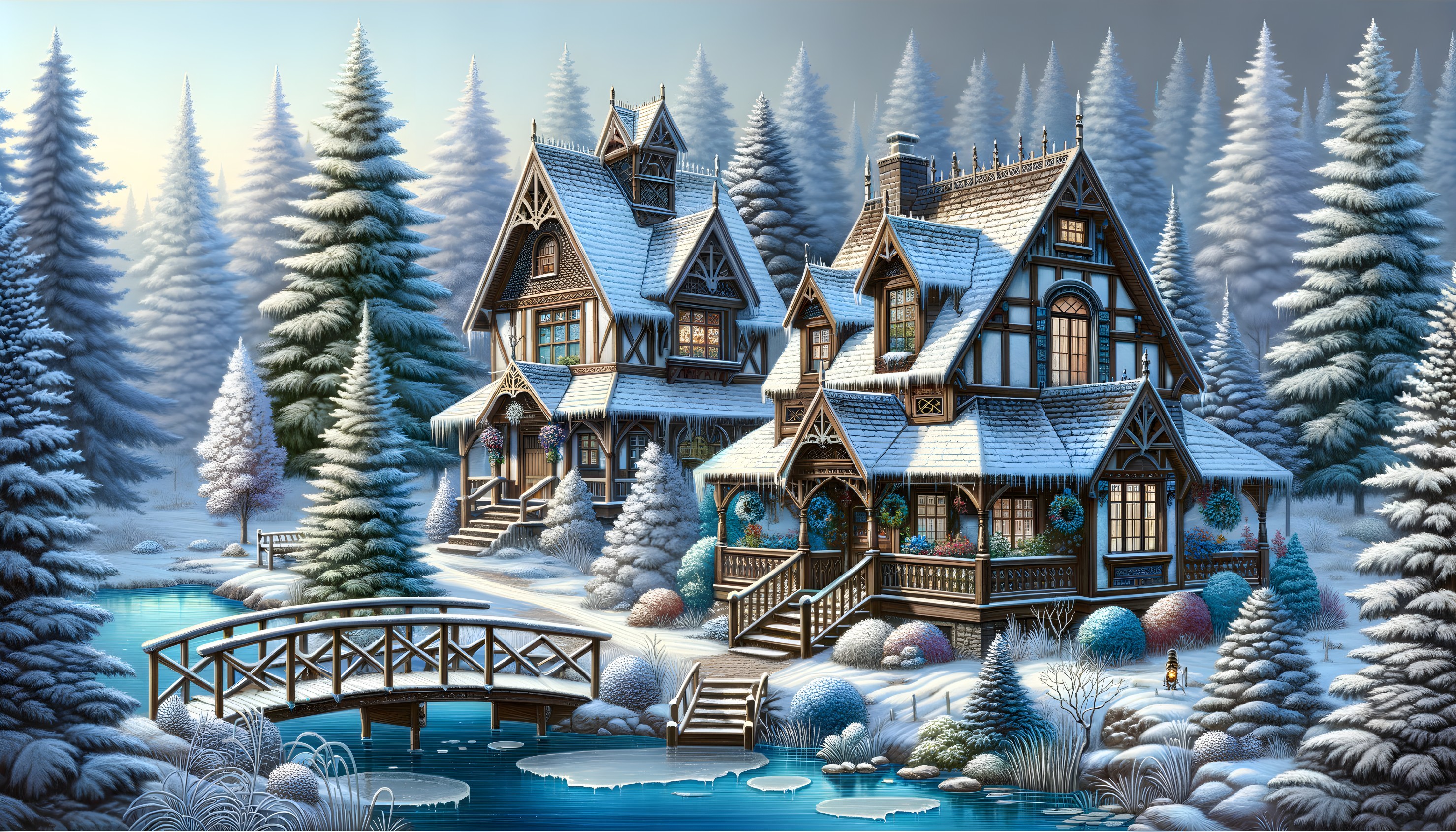 Winter Scene with Snow-Covered Houses and Pine Trees