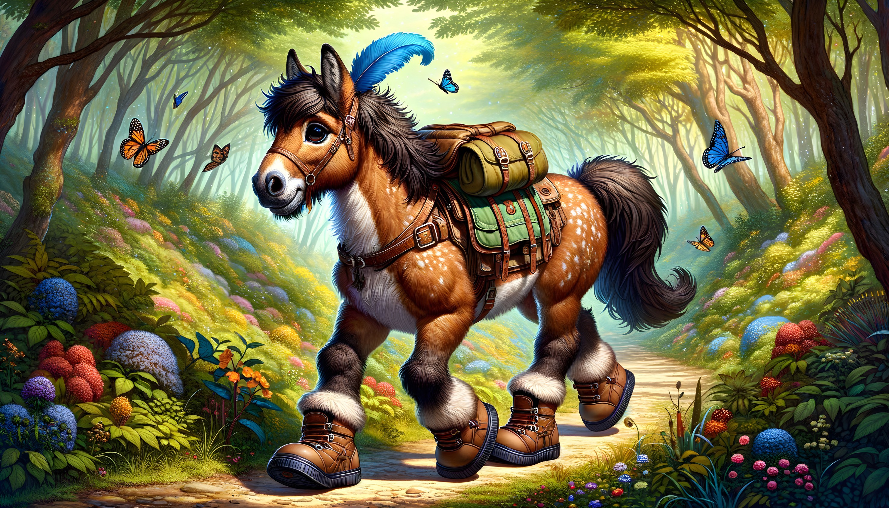 Anthropomorphic horse on a vibrant forest path