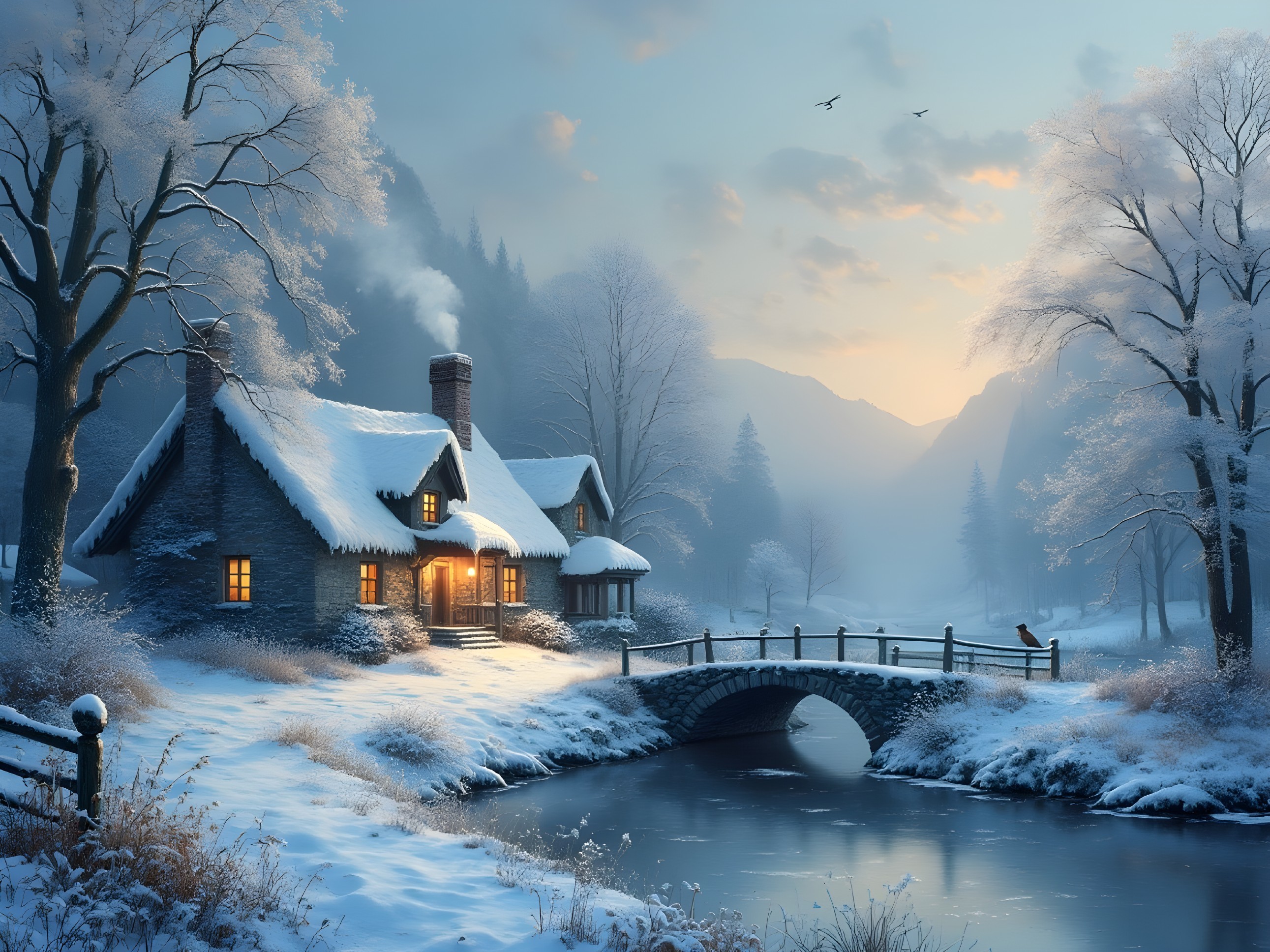 Charming Cottage in Snowy Landscape with River and Bridge