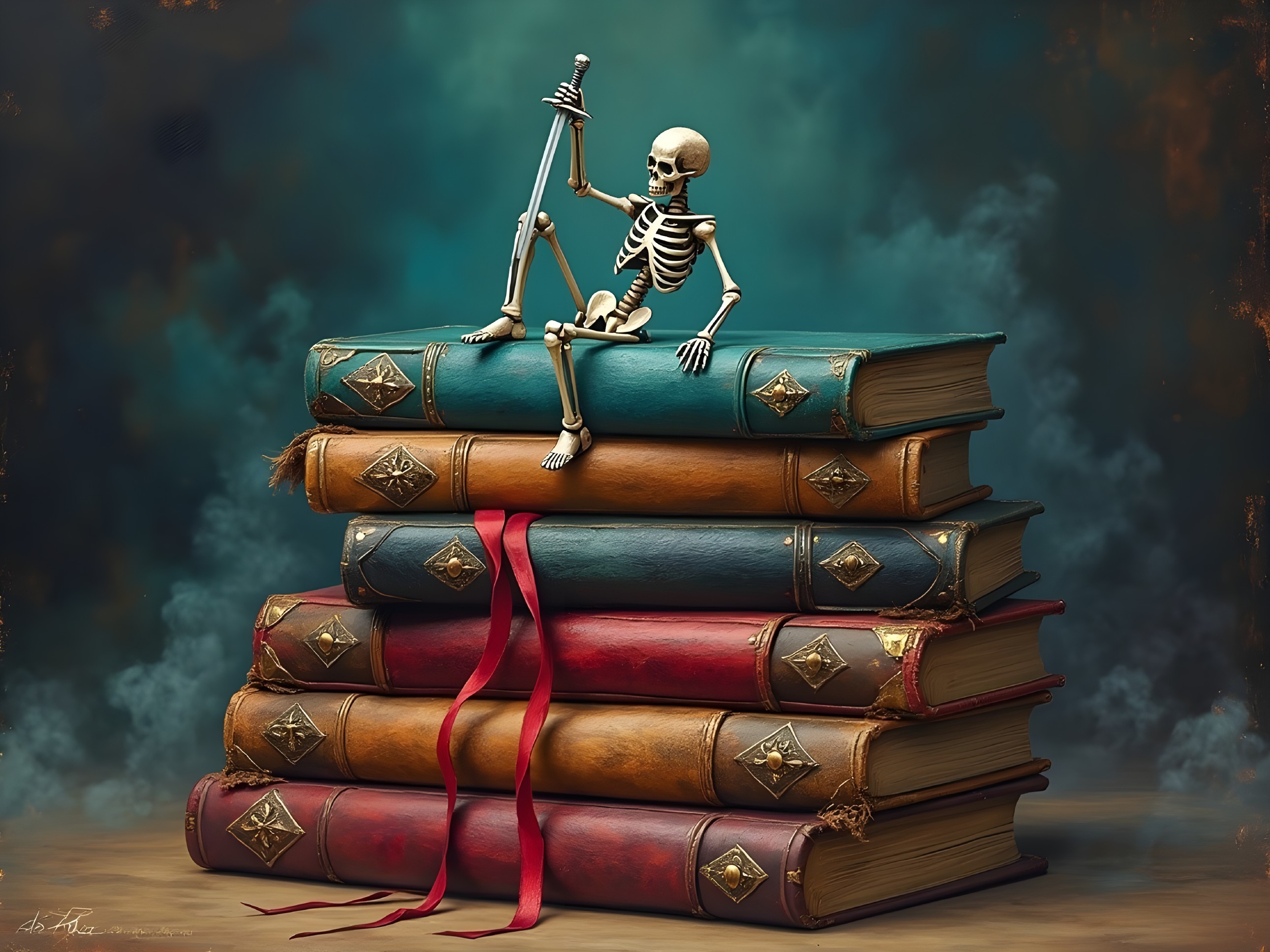 Skeleton on Vintage Books with Atmospheric Smoke