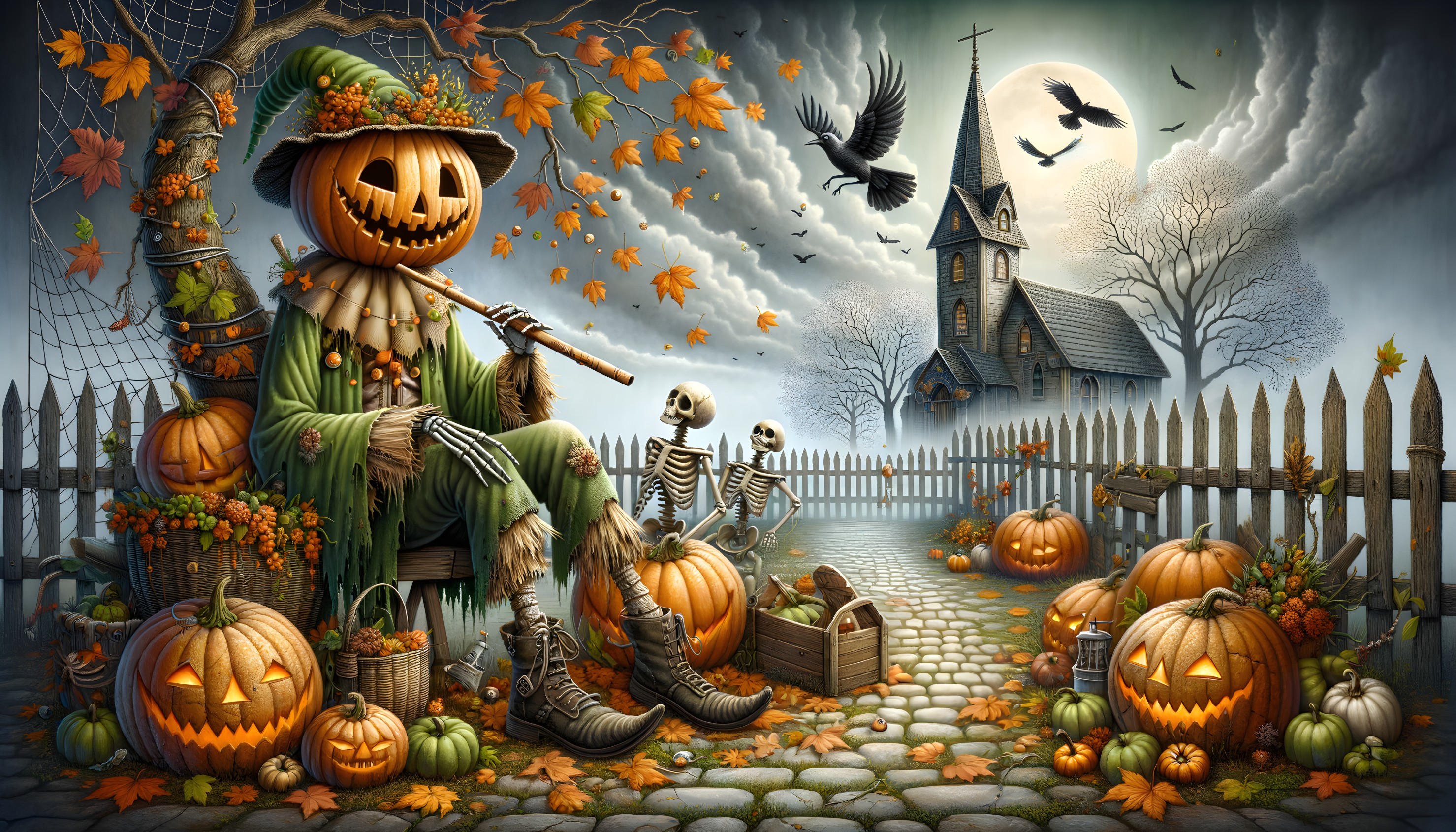 Whimsical Autumn Scene with Scarecrow and Pumpkins