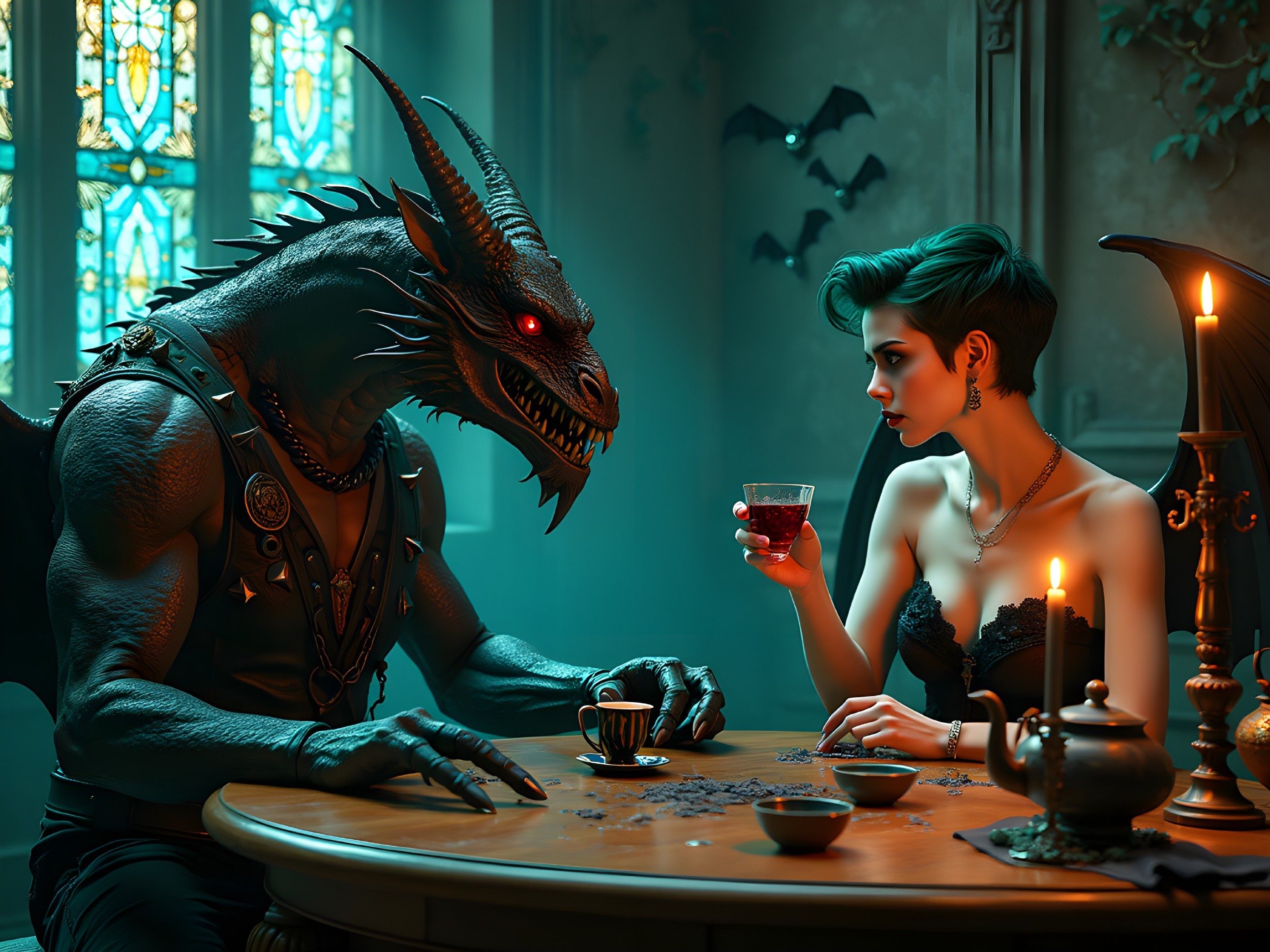 Gothic Scene with Dragon Creature and Elegant Woman