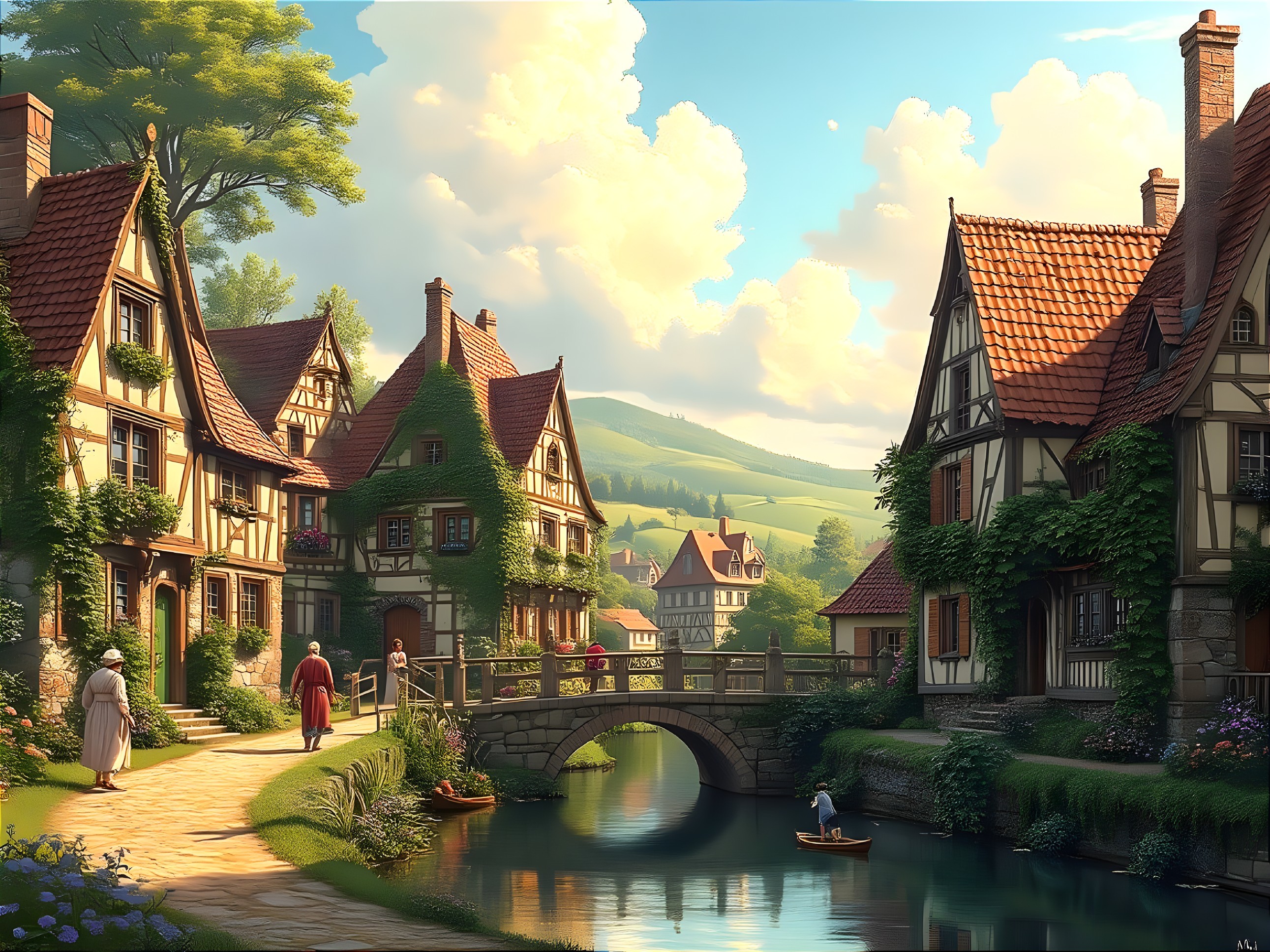 Charming Village with Half-Timbered Houses and Canal