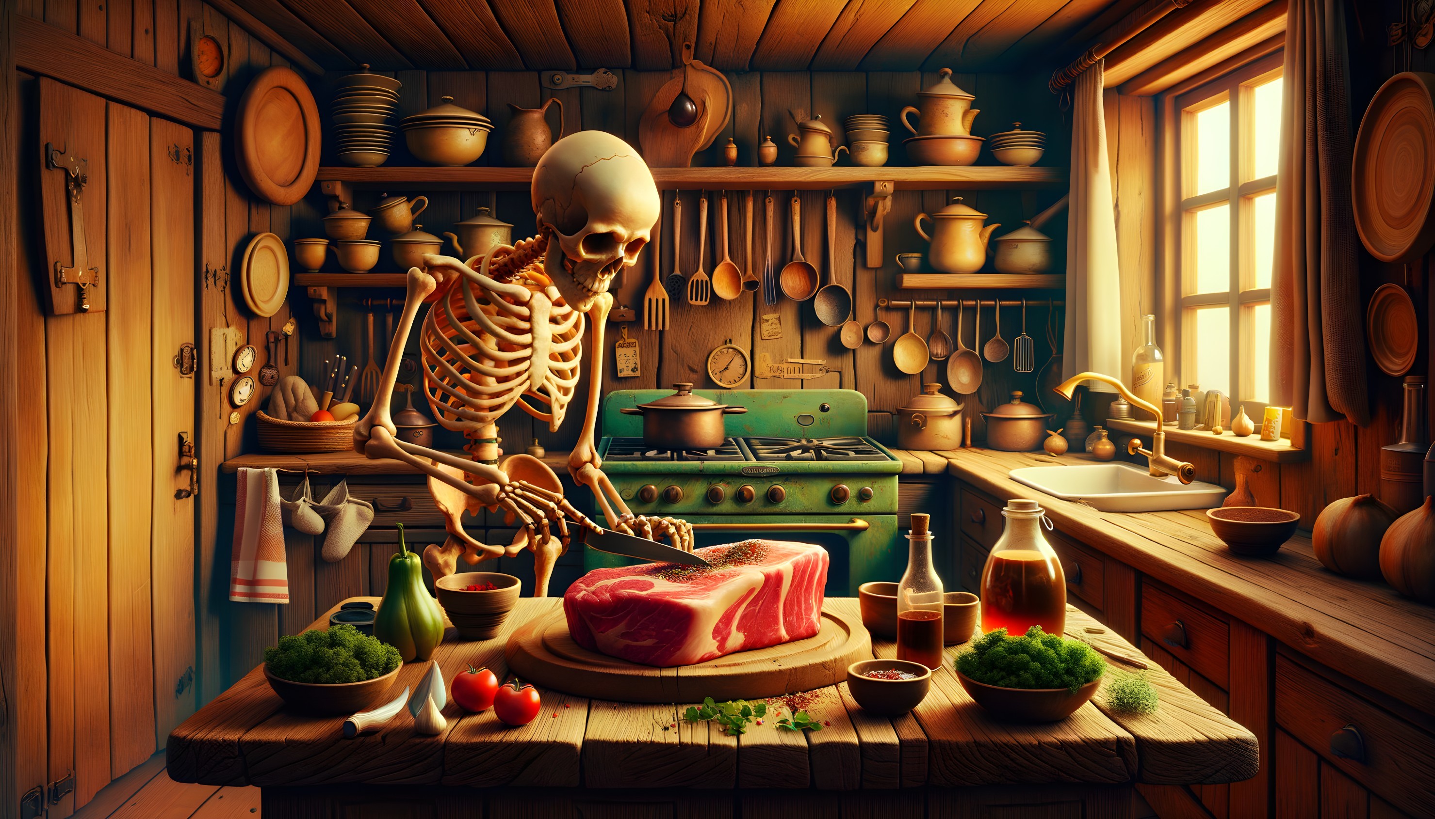 Skeleton Preparing Meat in Rustic Kitchen Setting