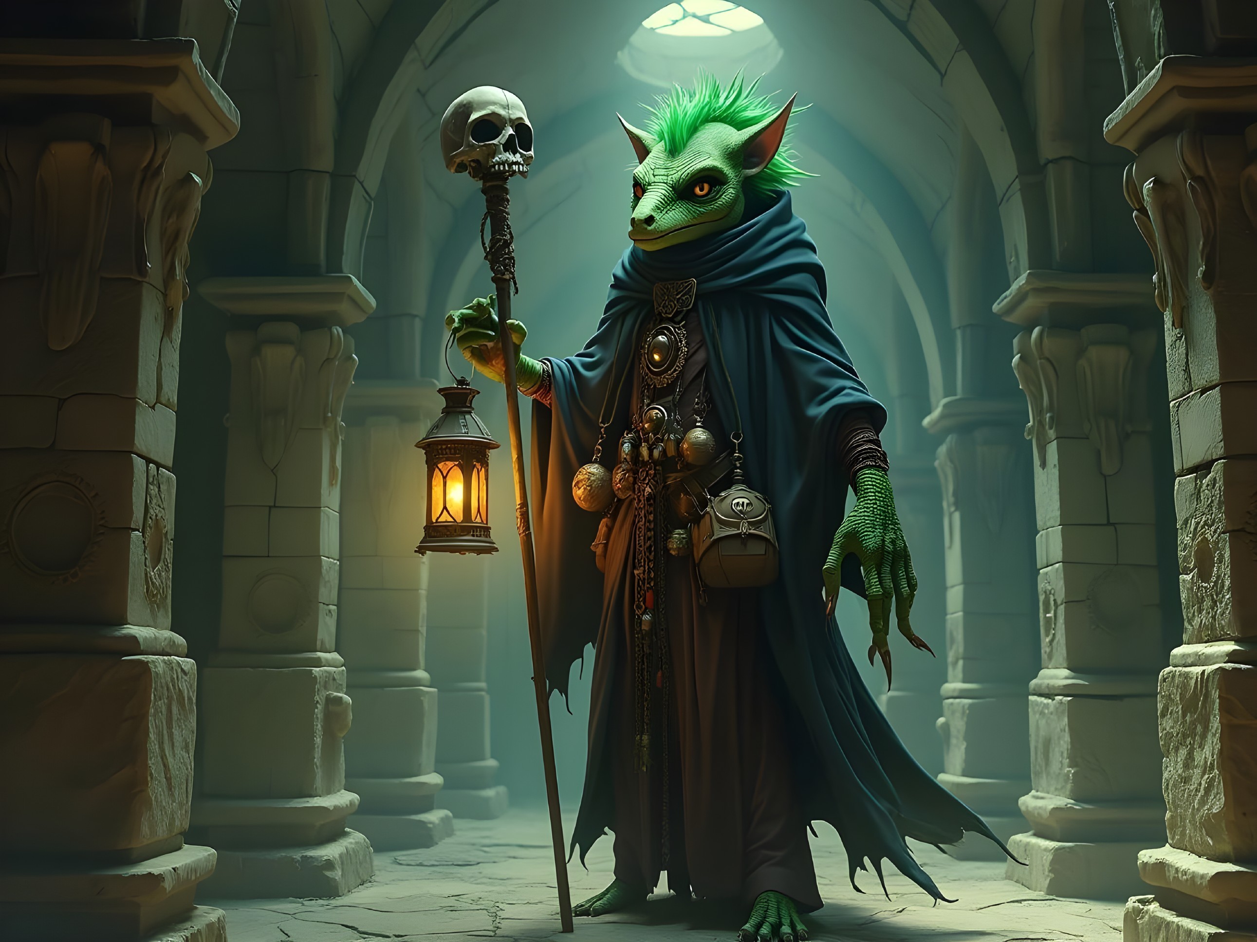 Goblin-like Creature in Dimly Lit Stone Corridor
