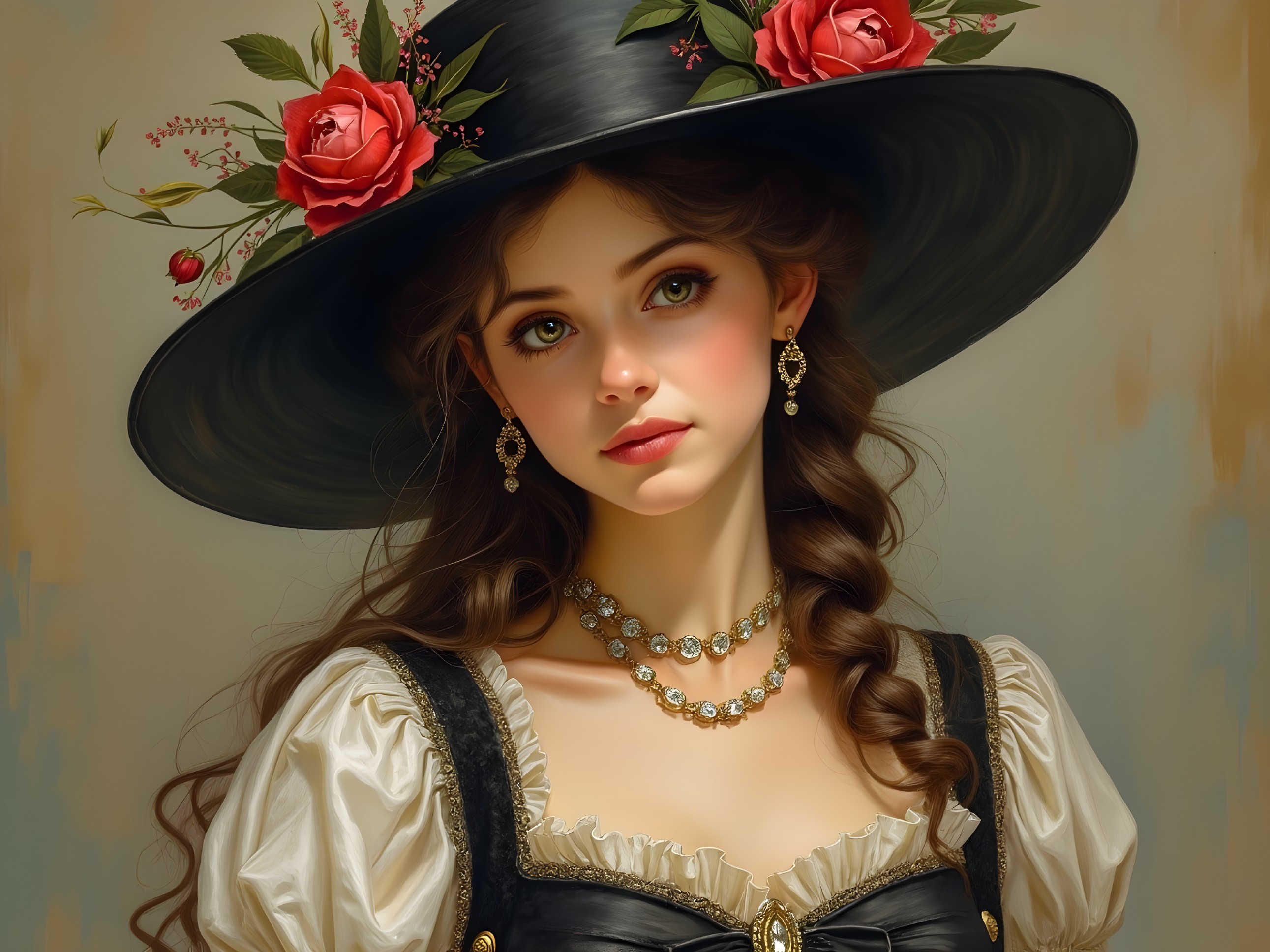 Young woman in black hat with red roses and corset
