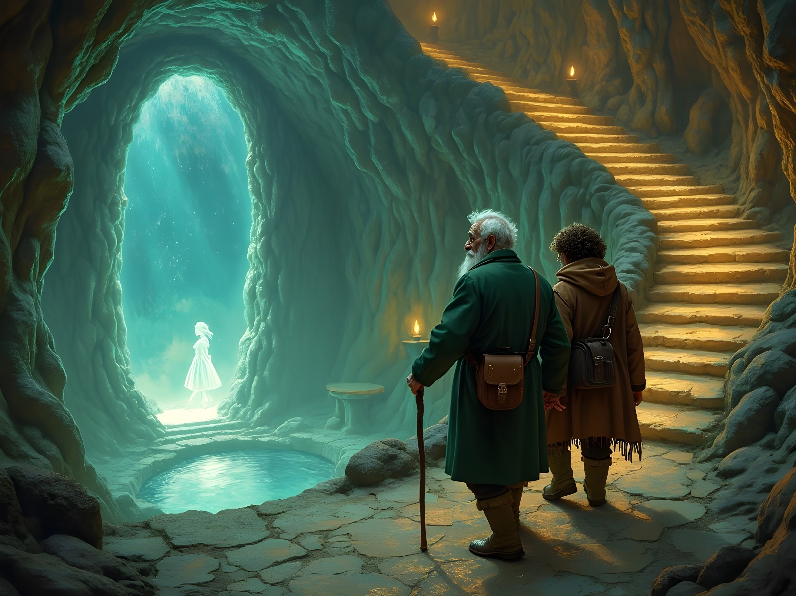 Mystical Cave with Glowing Pool and Ethereal Light
