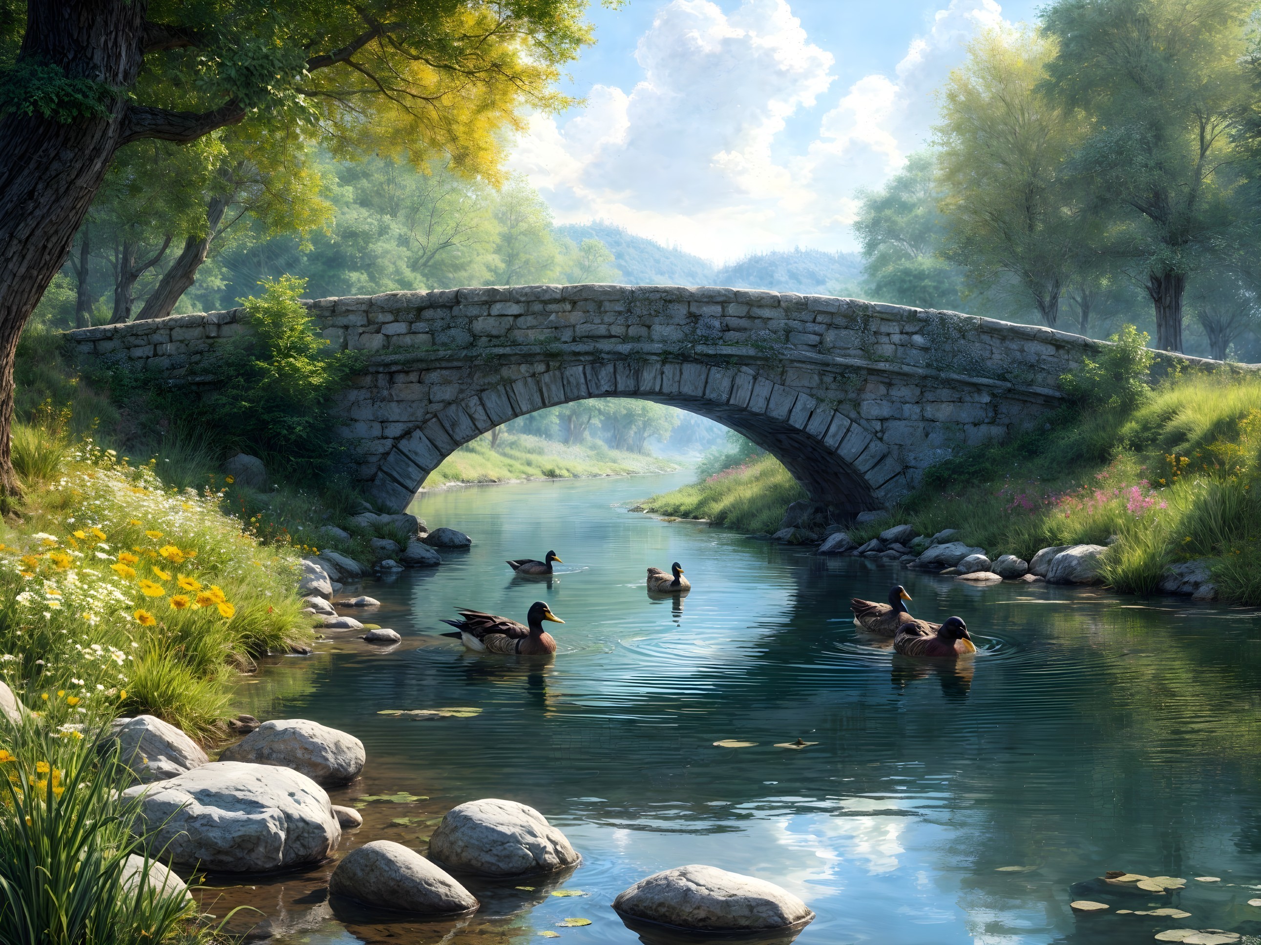Serene Landscape with Stone Arch Bridge and River