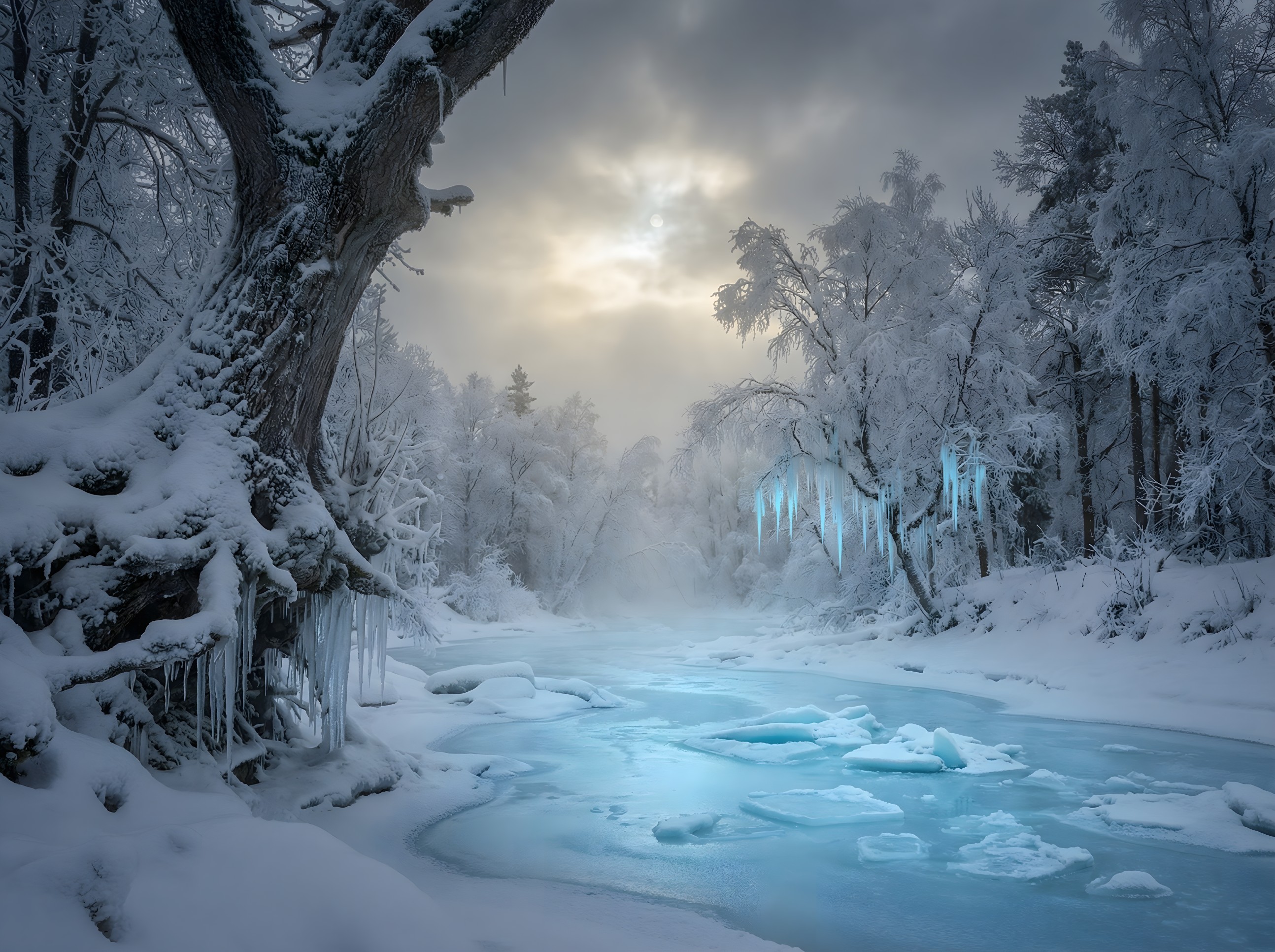 Magical Winter Landscape with Frozen River and Trees