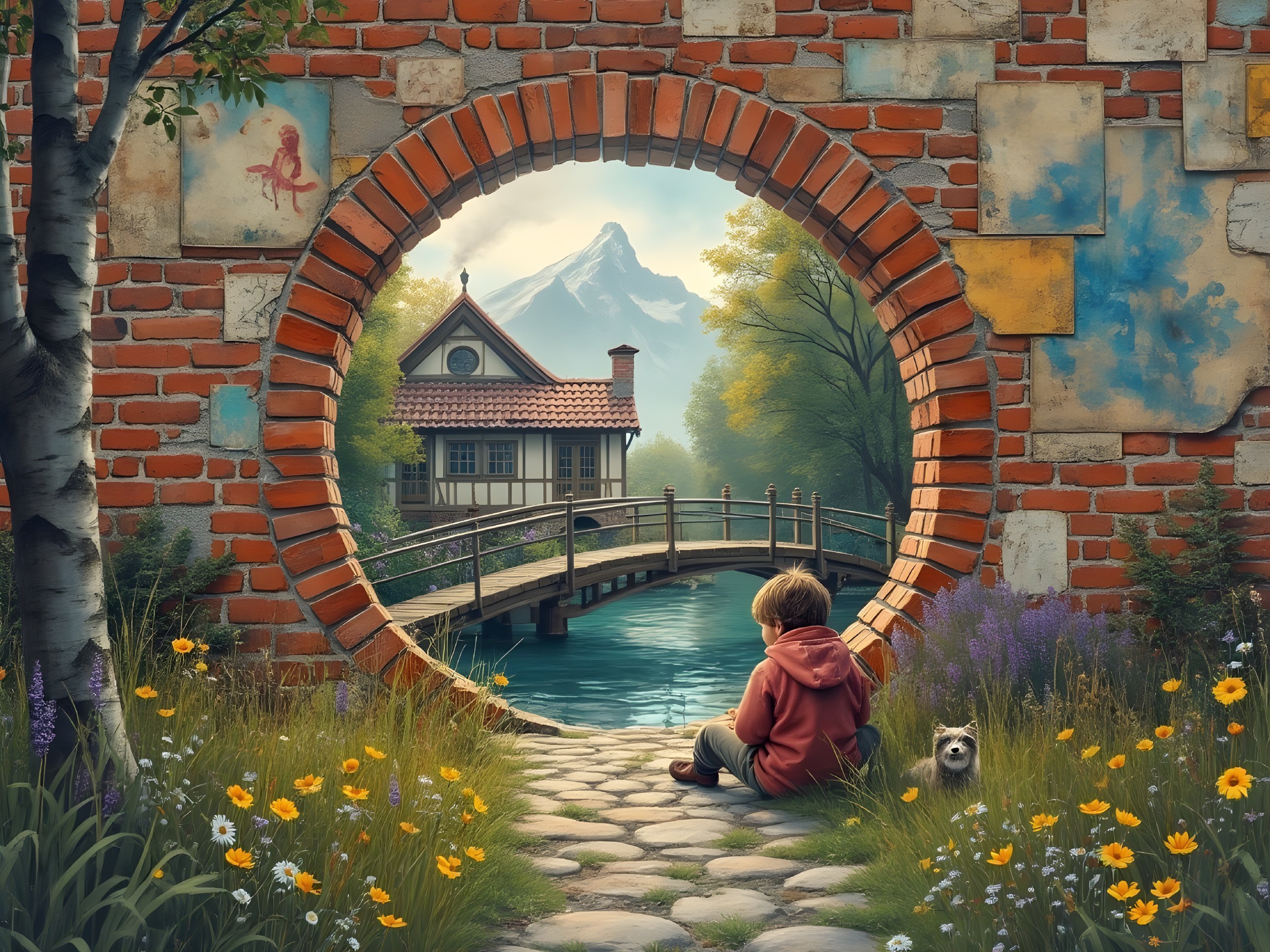 Young Boy Gazing Through Brick Archway to Scenic Landscape