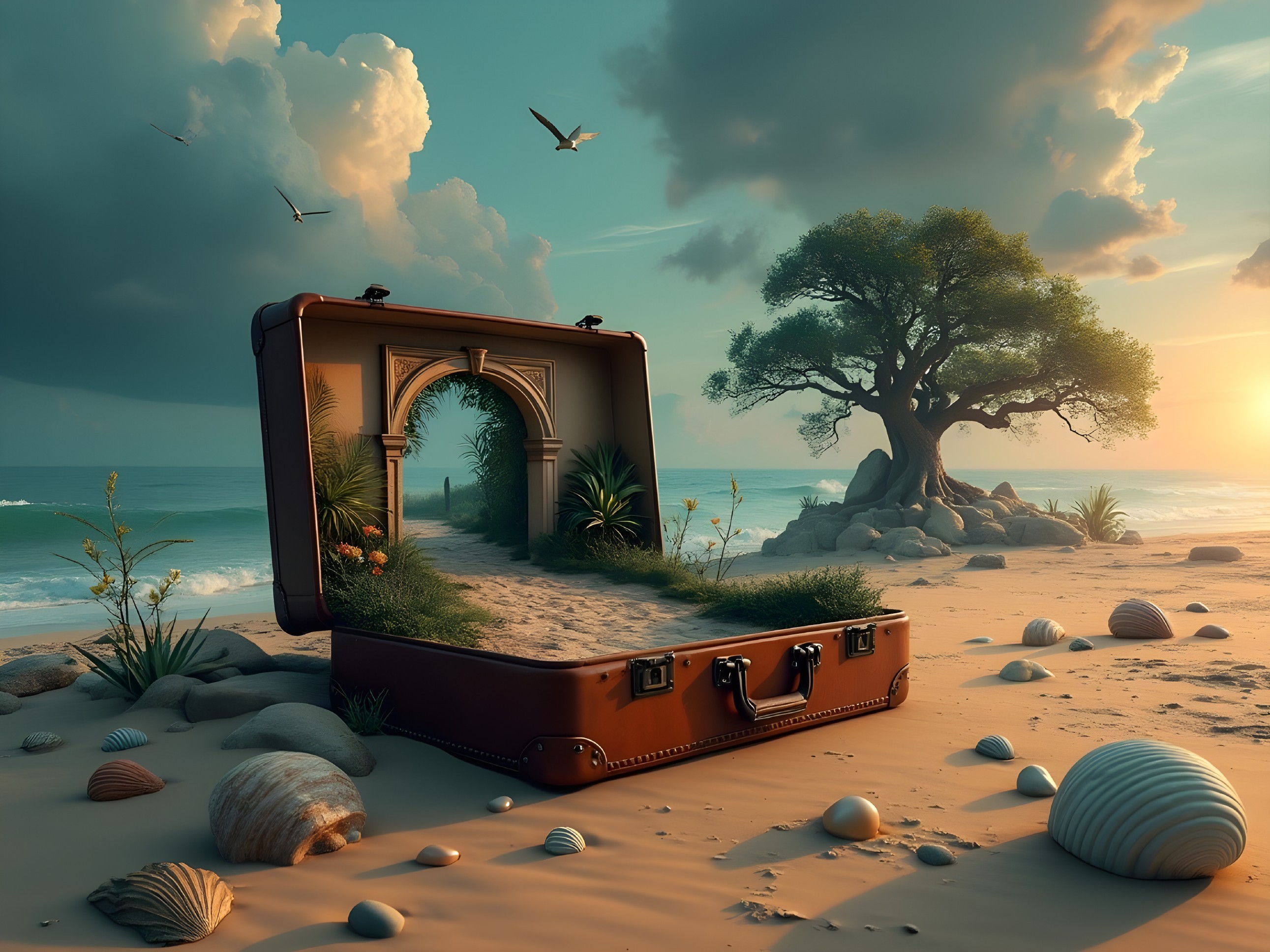 Surreal Beach Scene with Vintage Suitcase and Nature