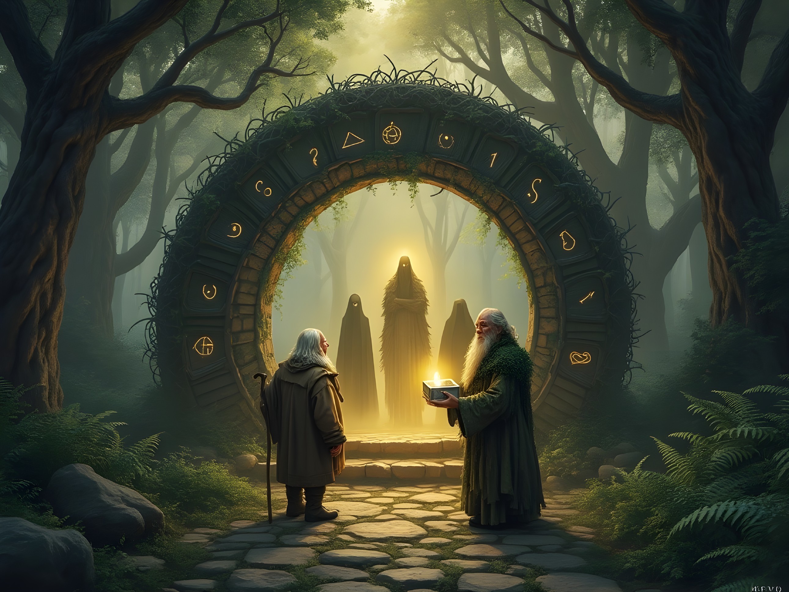 Mystical forest with ancient stone archway and figures