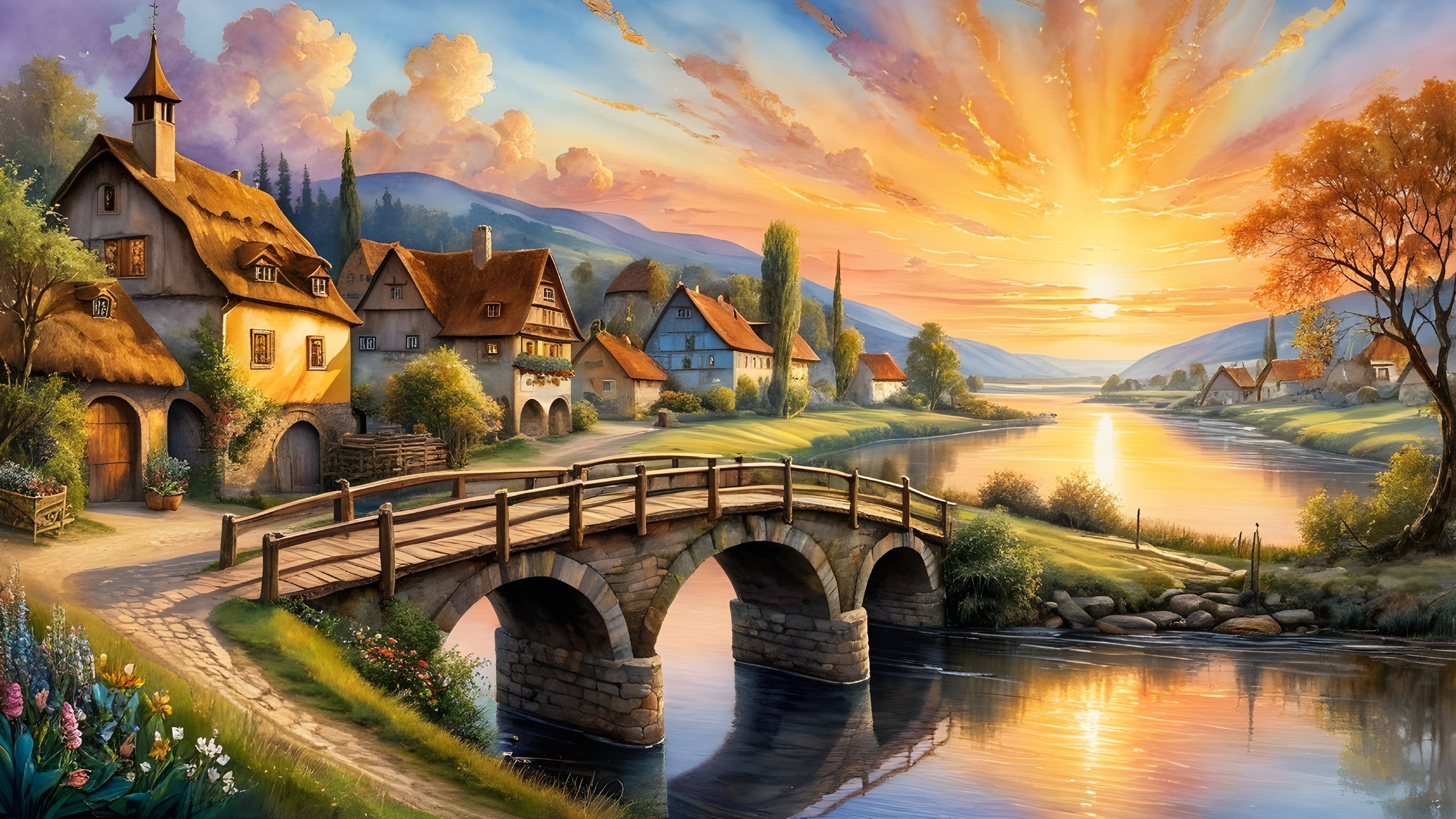 Picturesque Village at Sunrise by a Serene River