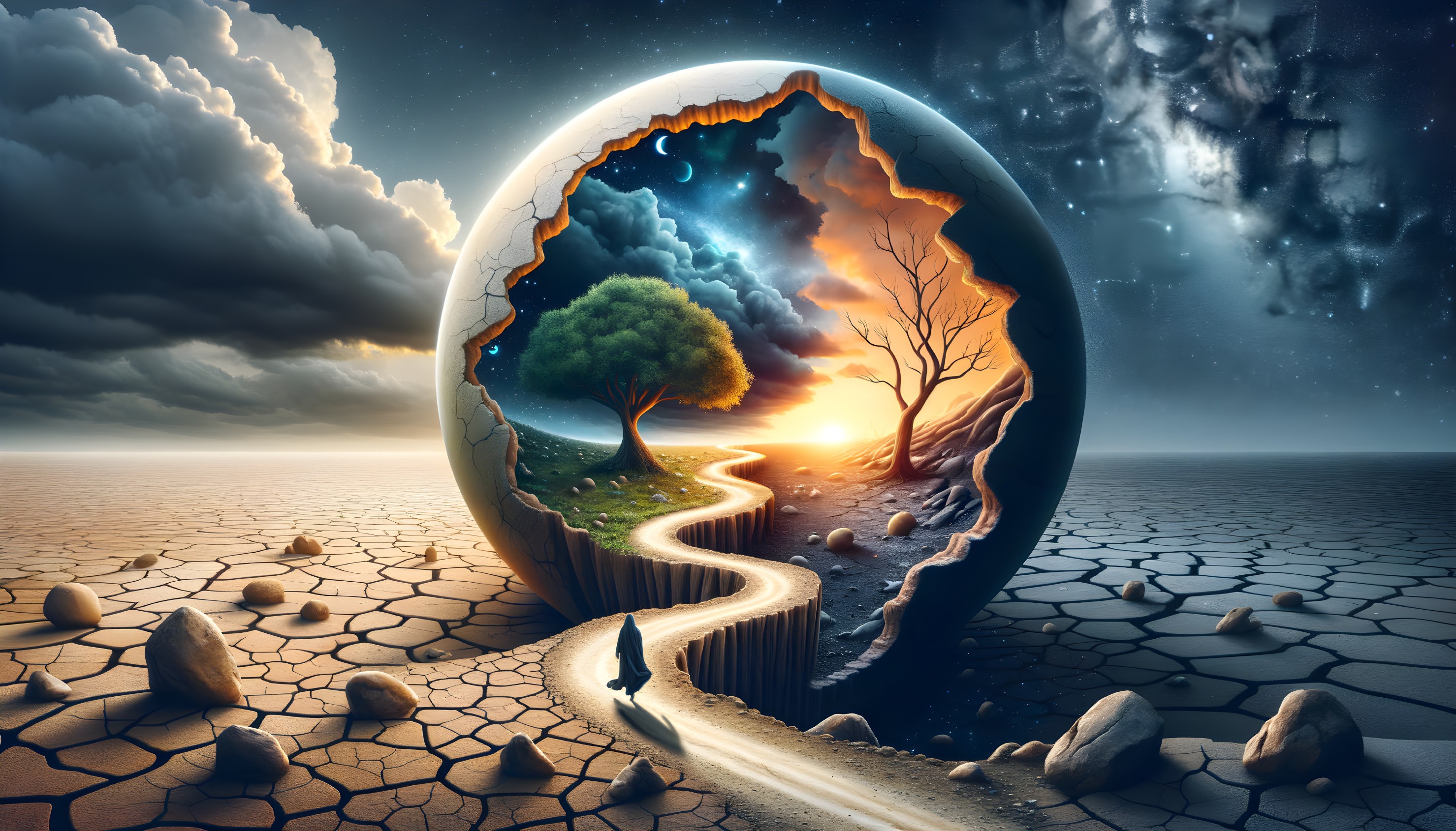 Surreal spherical landscape with tree, pathway, and dynamic sky