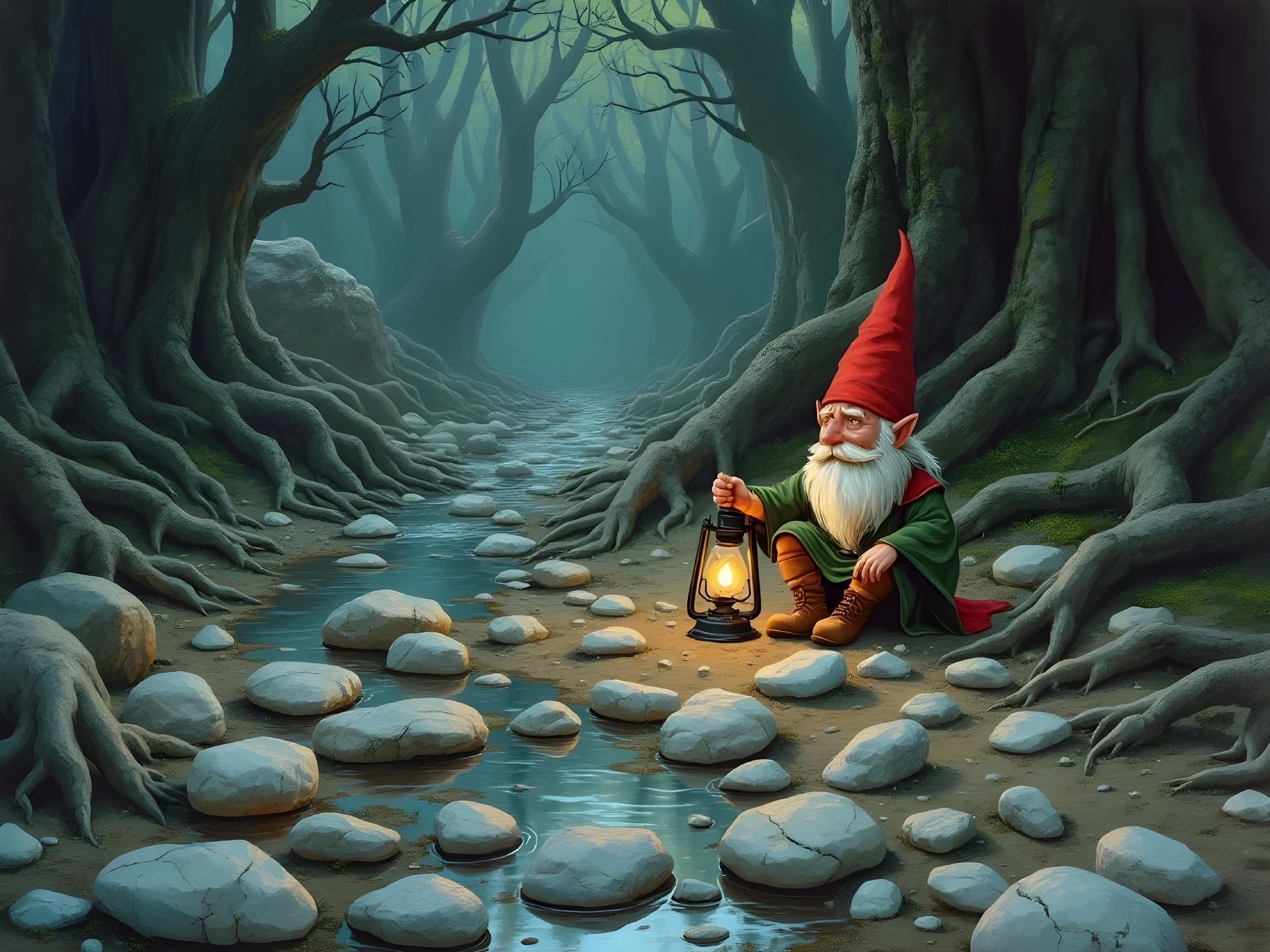 Cheerful gnome in misty forest by sparkling stream