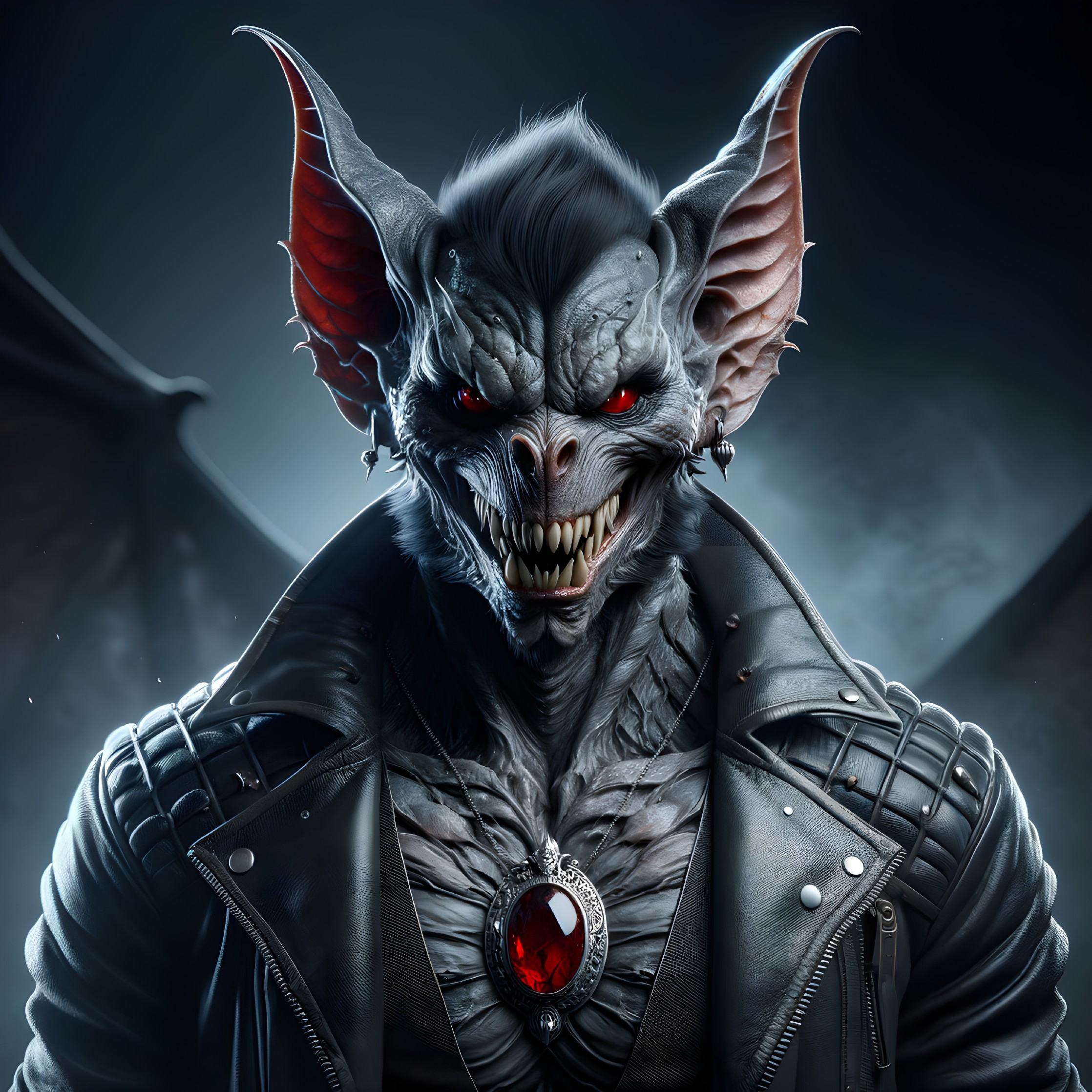 Menacing creature with bat wings and sharp fangs