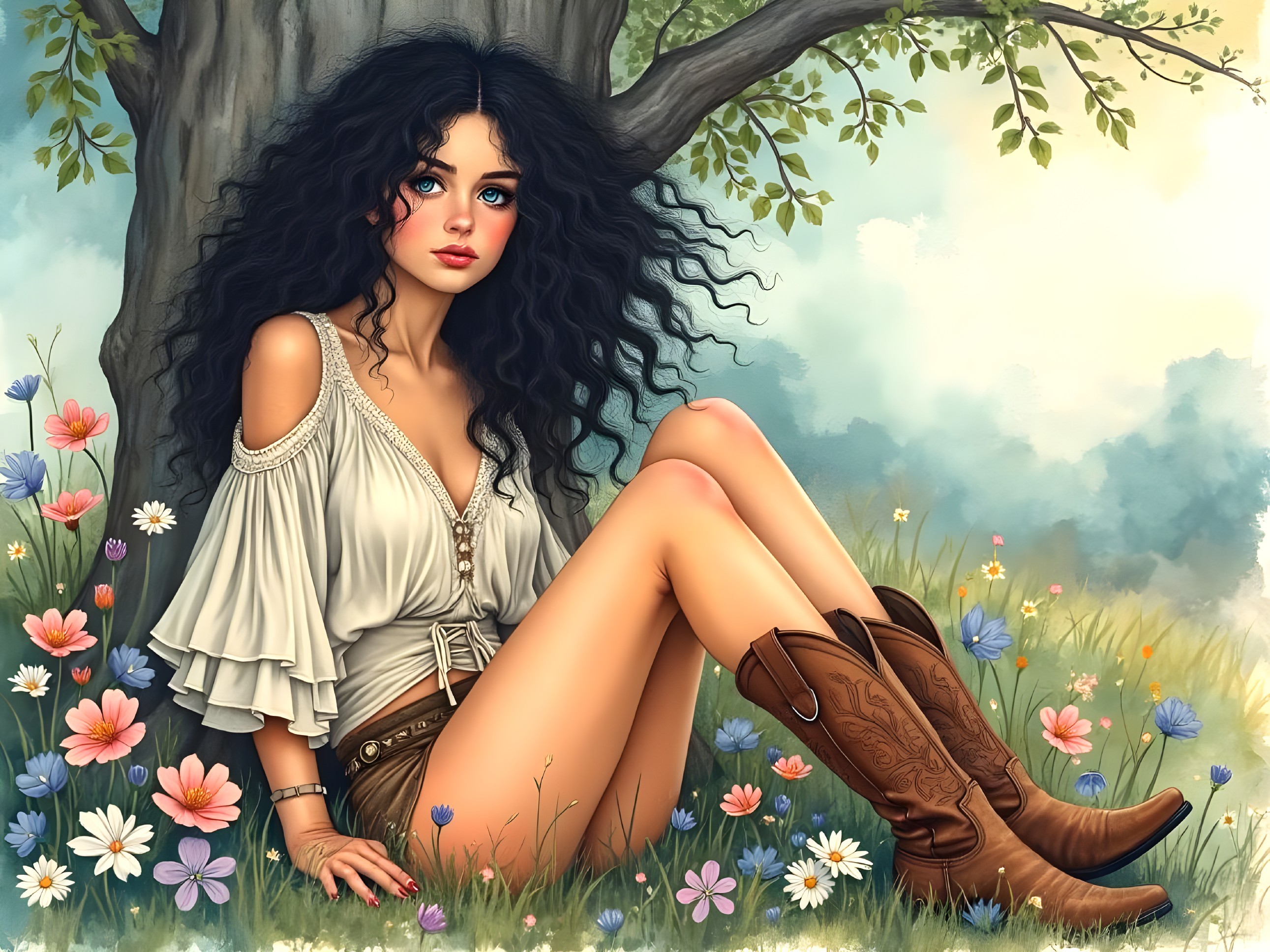 Young woman in nature with wildflowers and trees