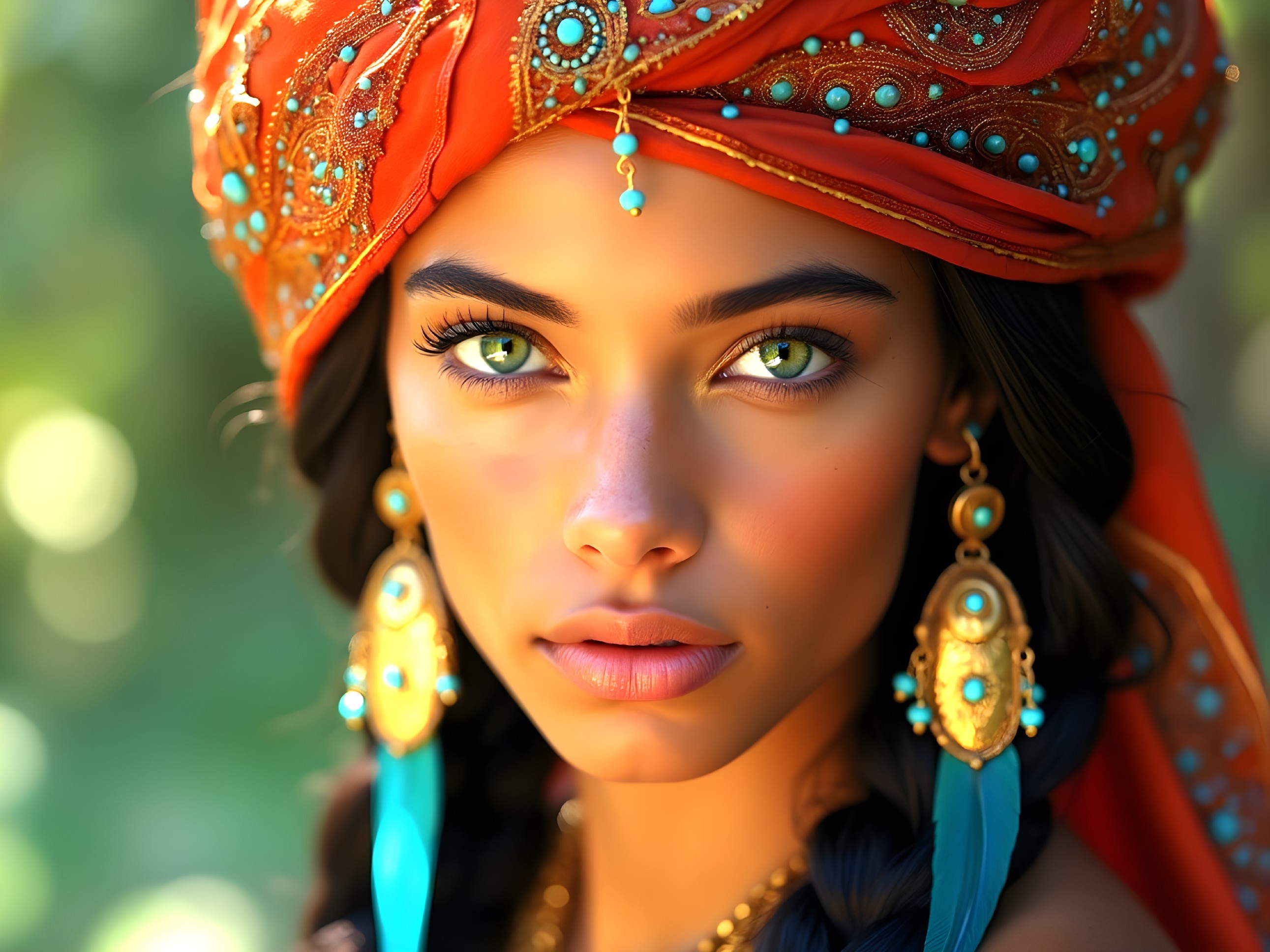 Young woman in vibrant orange headscarf and jewelry