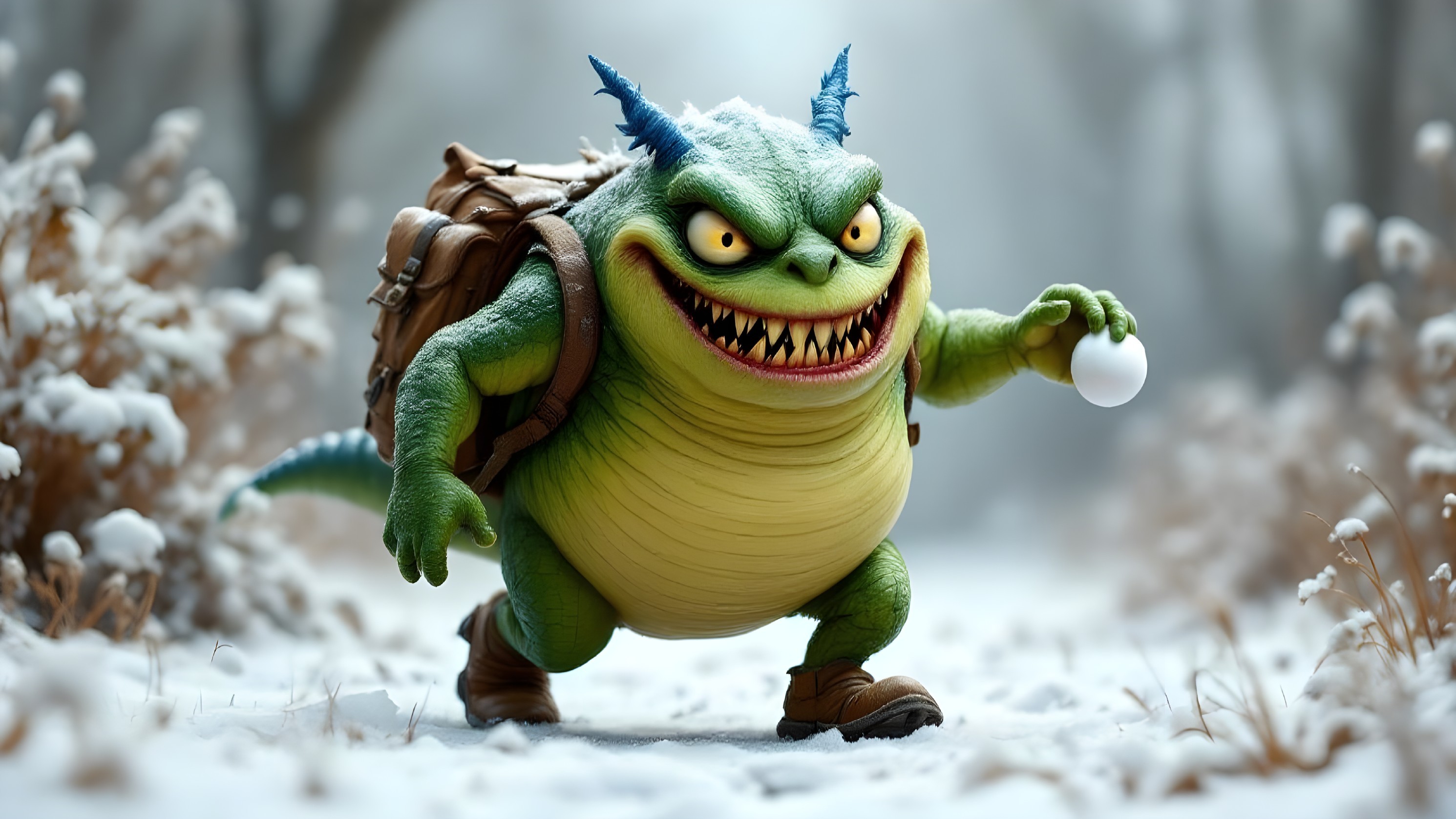 Mischievous Green Creature in Snowy Landscape