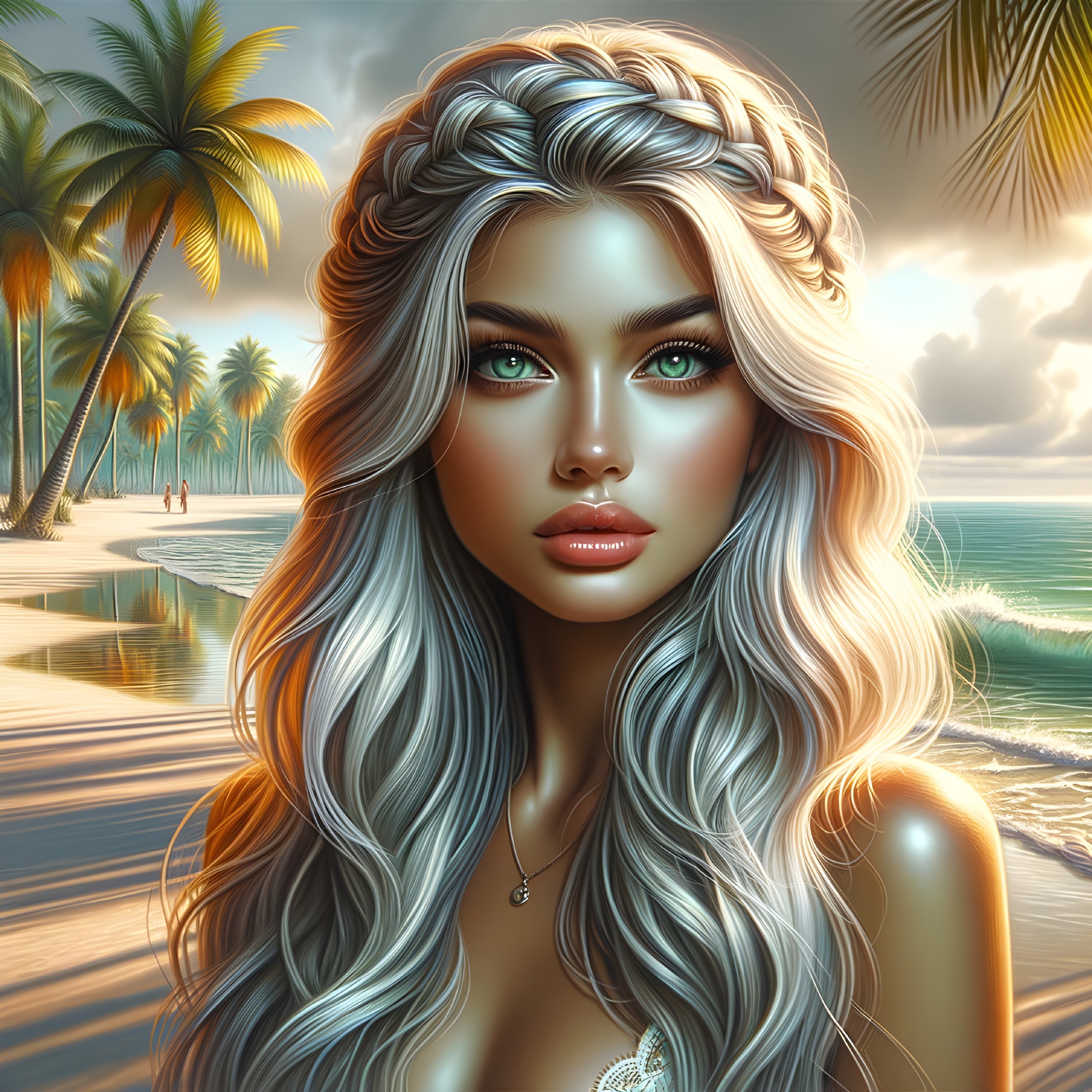 Stunning Woman with Silver Hair on Tropical Beach
