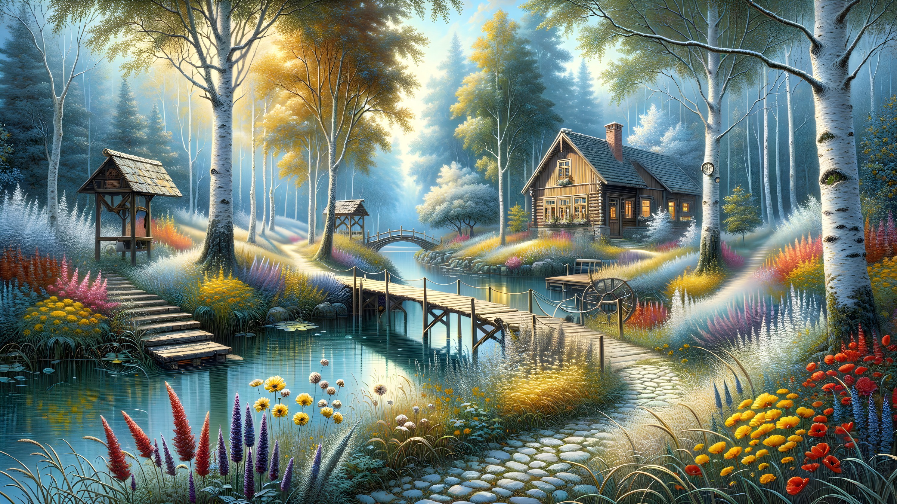 Serene Landscape with Cabin and Flowing River