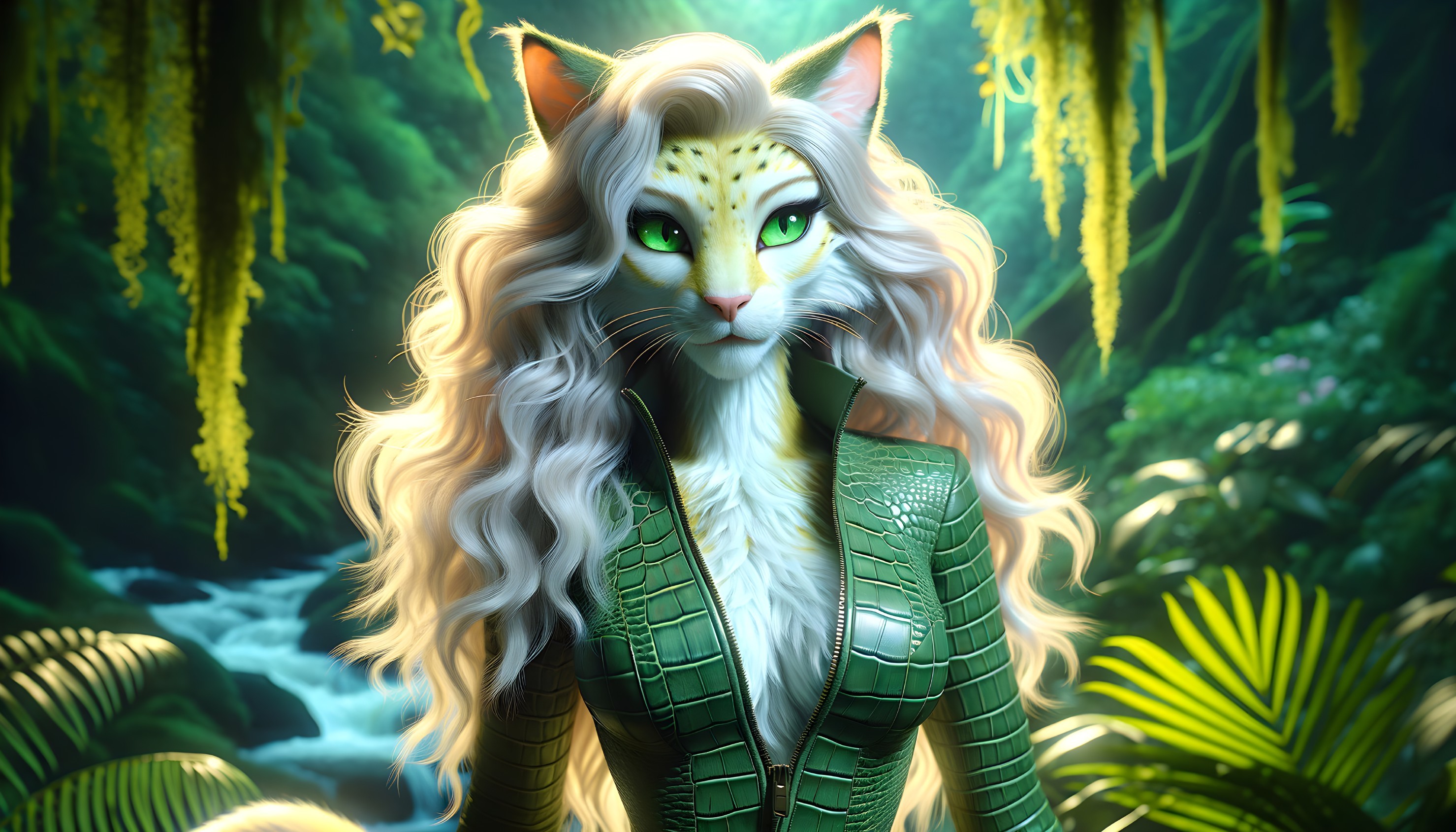 Anthropomorphic cat in jungle with vibrant outfit
