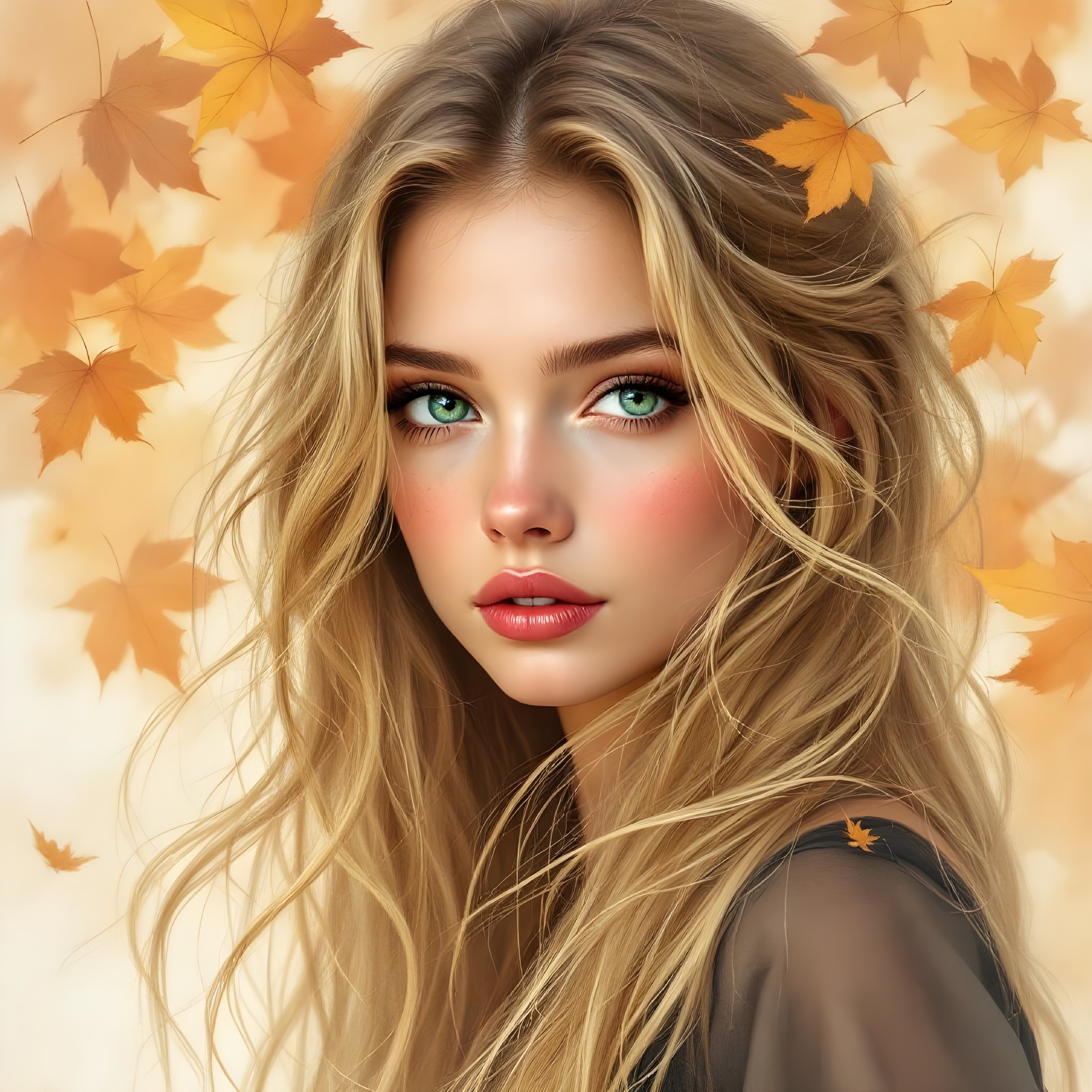Young woman with blonde hair and green eyes in autumn