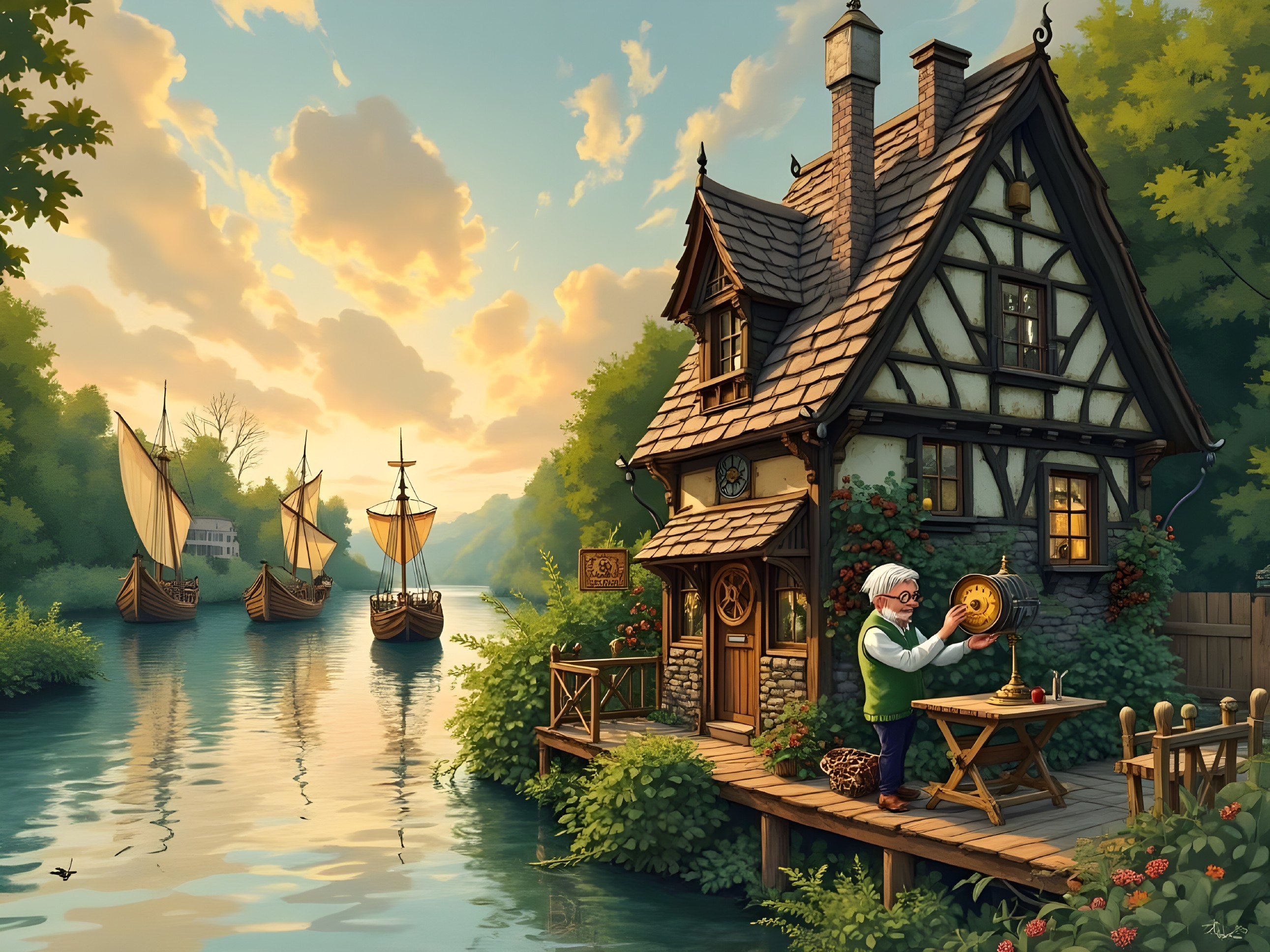 Cottage by River with Crafting Man and Sailing Boats