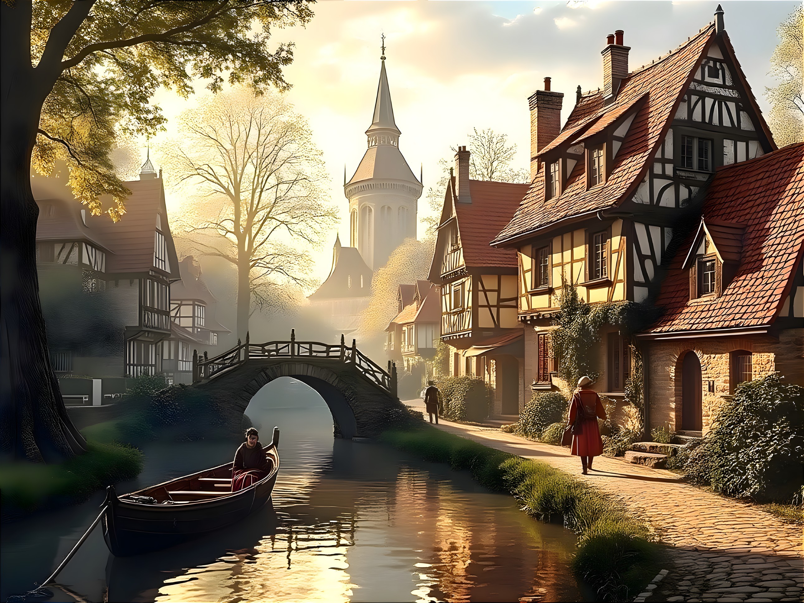 Idyllic Village with Half-Timbered Houses and Canal
