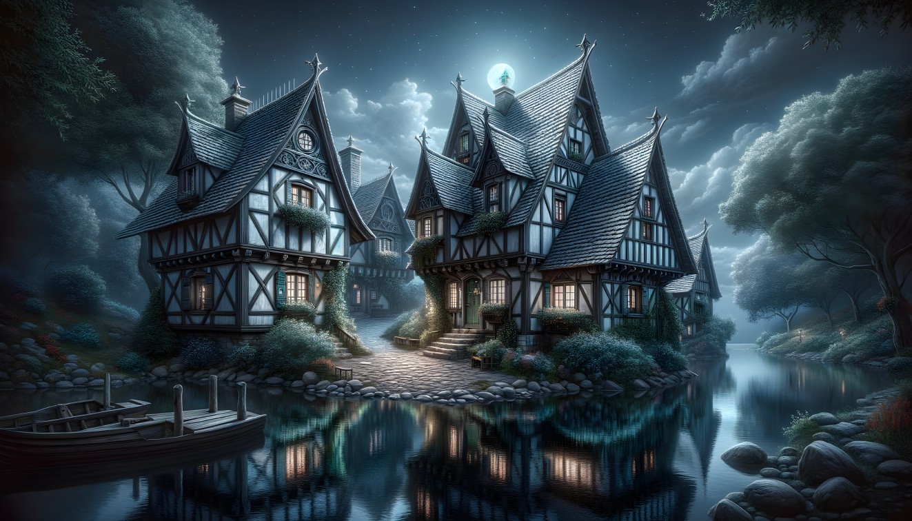 Tudor-style houses by a serene river at moonlight