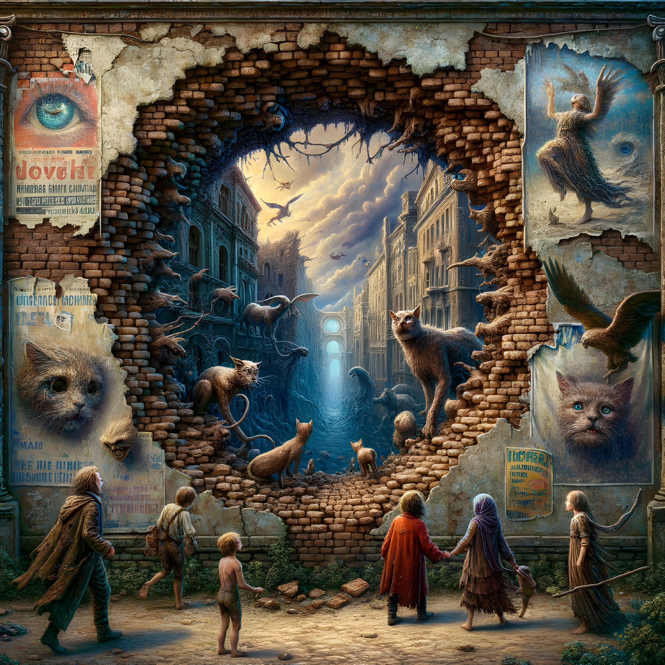 Surreal Cityscape with Fantasy Creatures and Decay