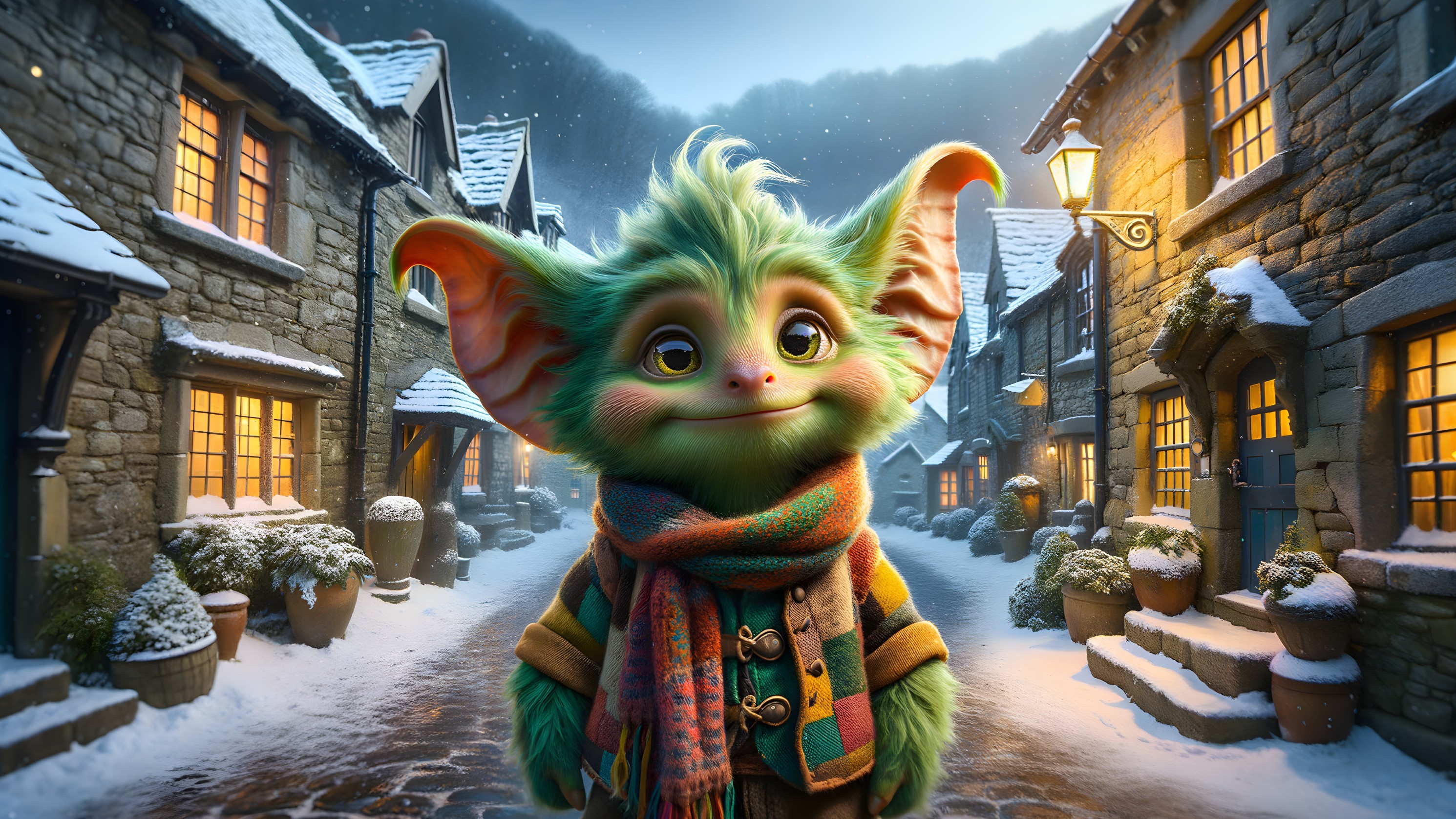 Whimsical Green Creature in Snowy Village Scene
