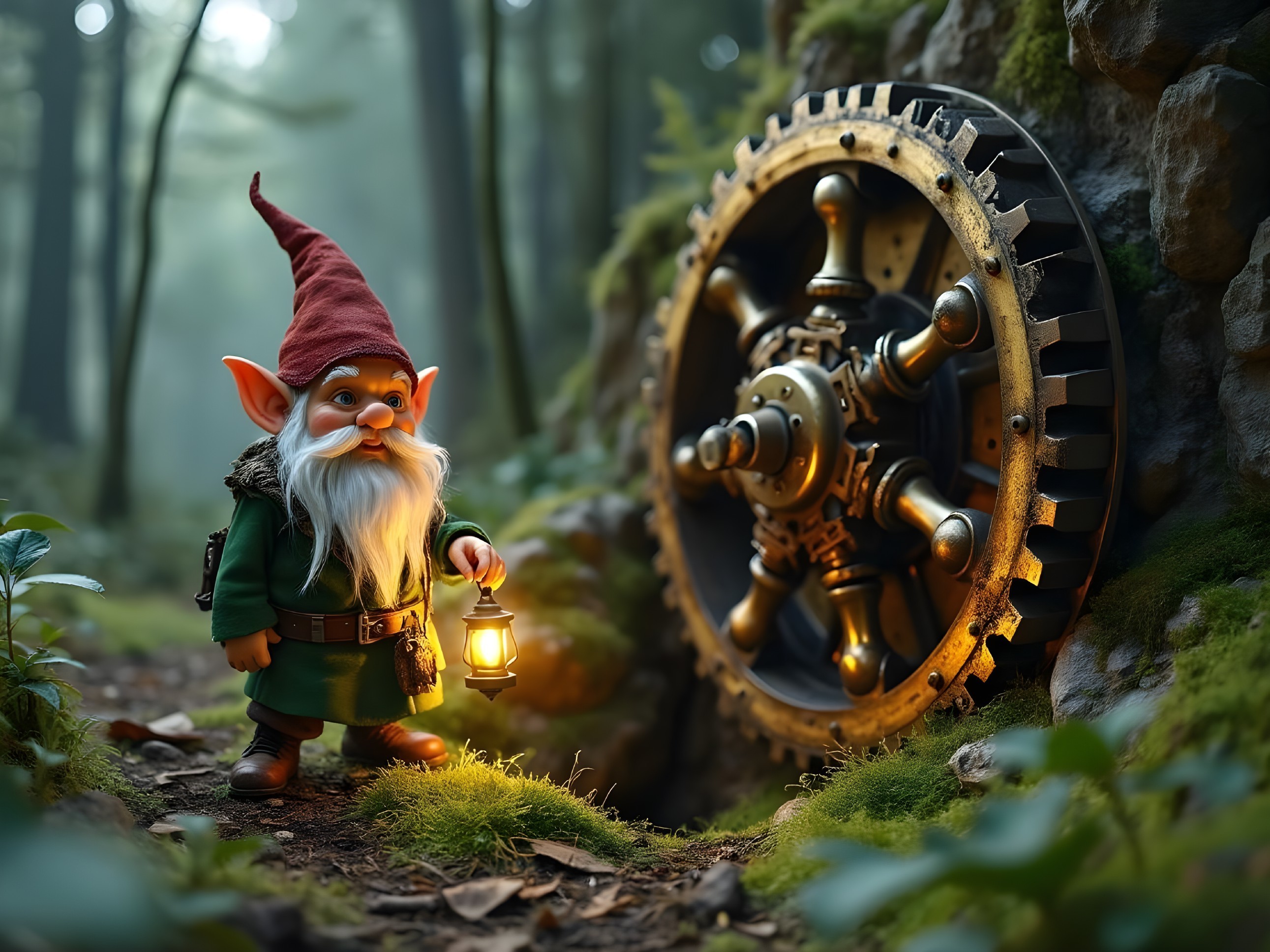 Gnome with Lantern in Mystical Forest Setting