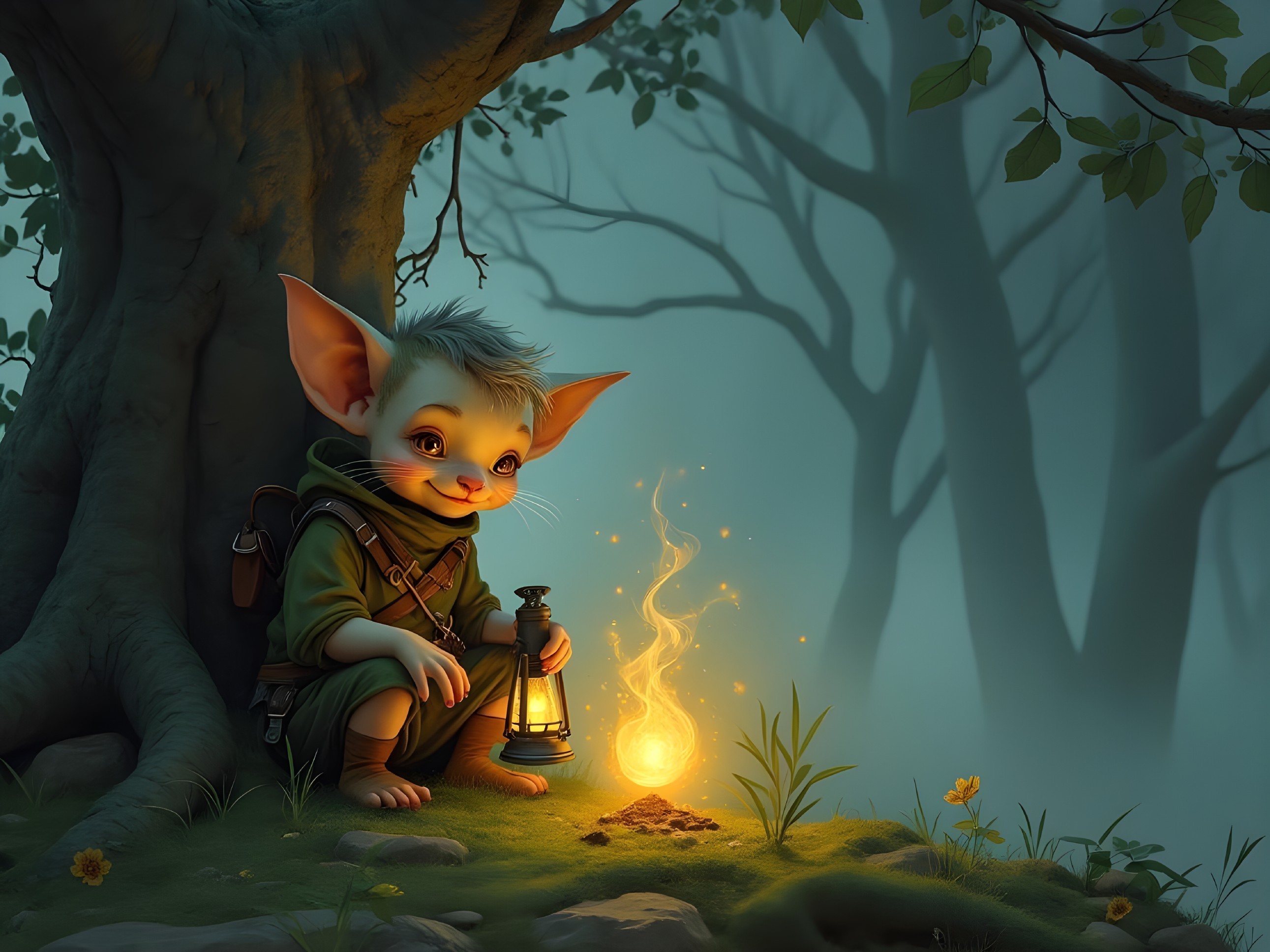 Whimsical creature in a mystical forest with lantern
