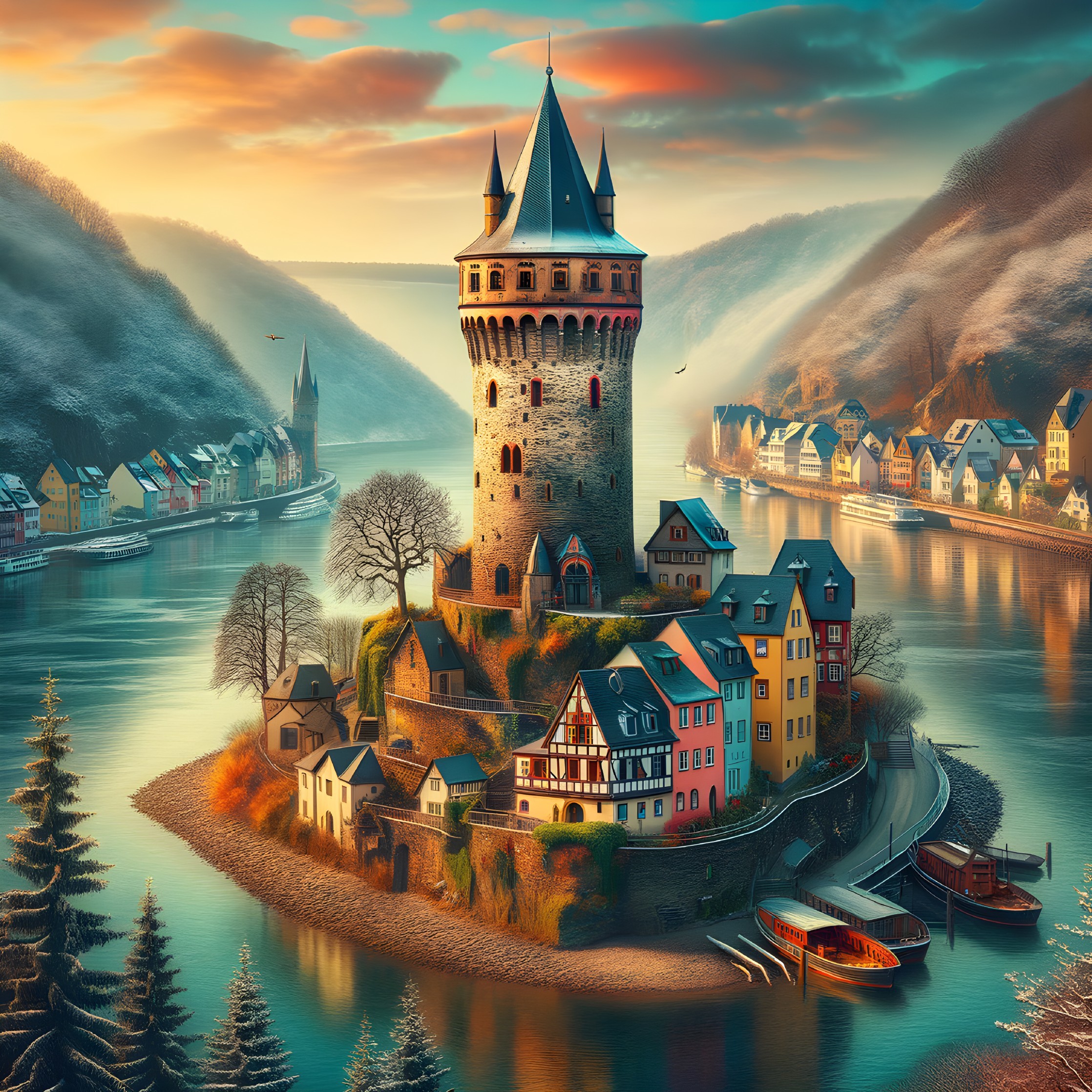 Castle on Island Surrounded by Calm Waters and Hills