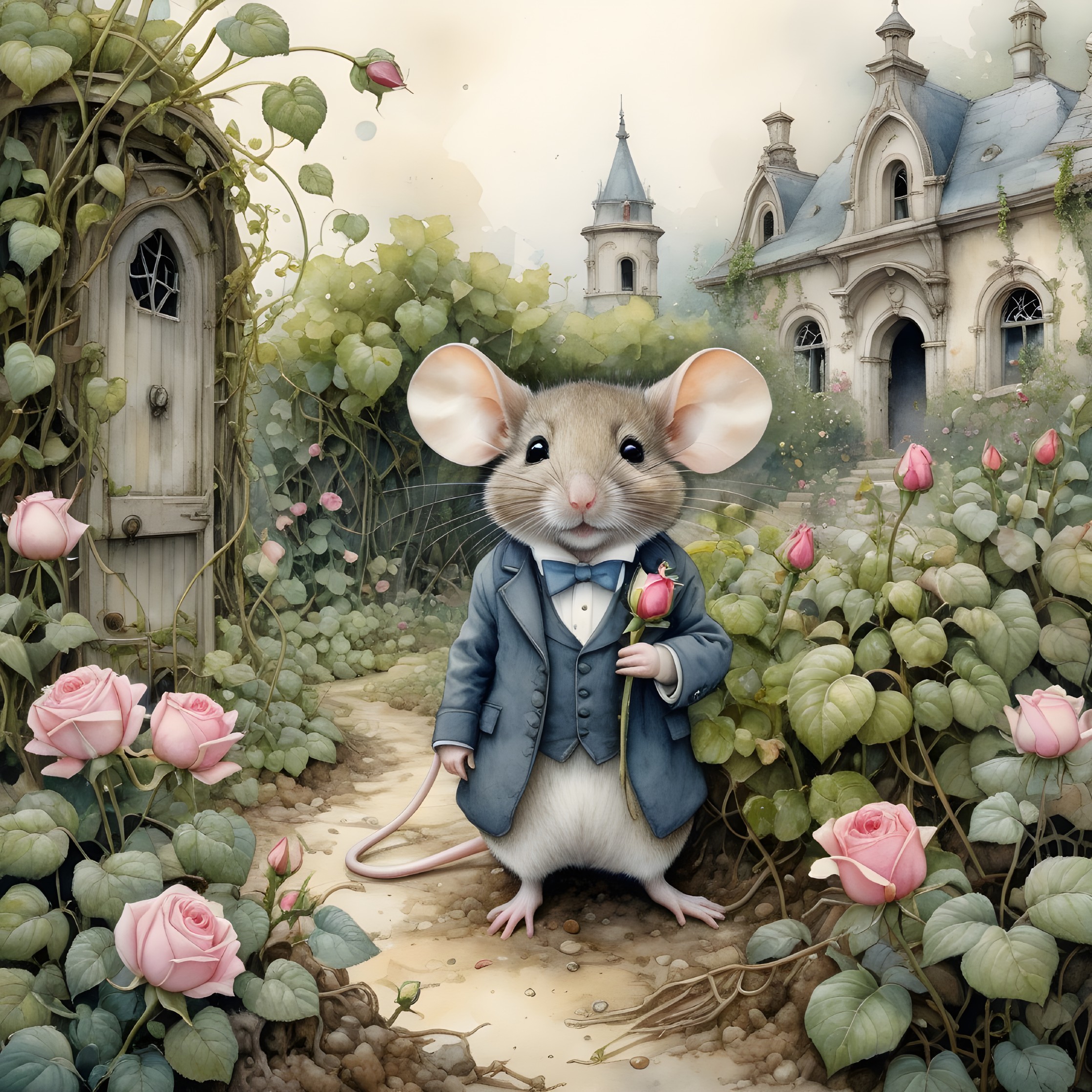 Dapper Mouse in Tuxedo Surrounded by Pink Roses