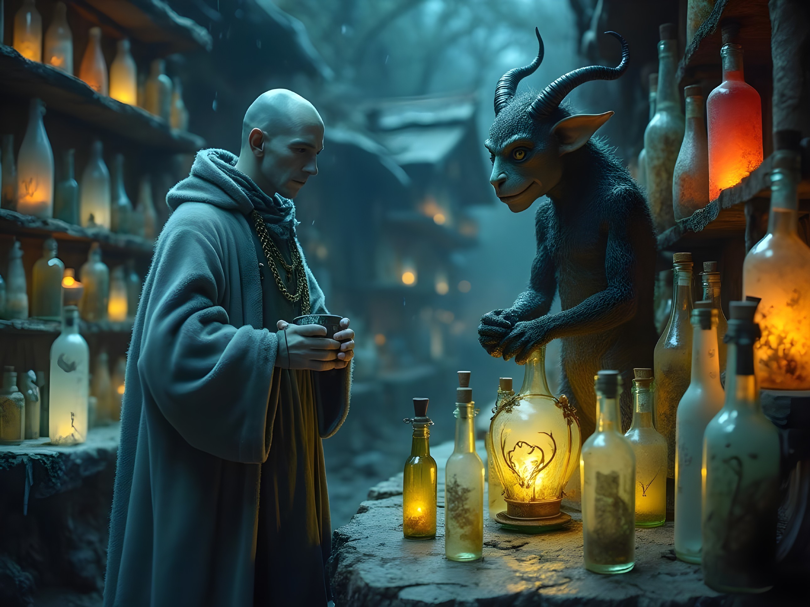Cloaked Figure and Creature in Enchanted Apothecary Scene