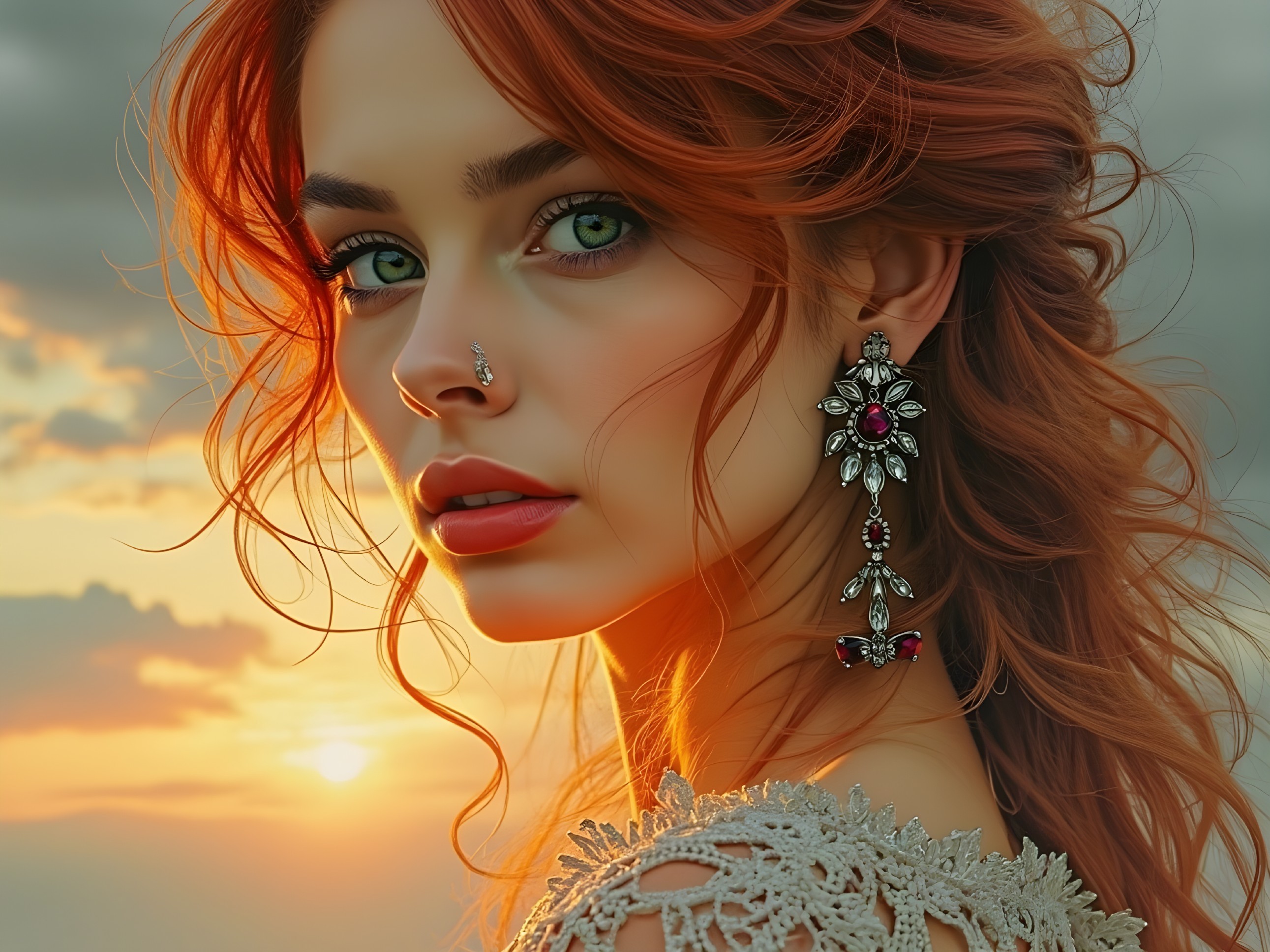Portrait of a Young Woman with Red Hair at Sunset