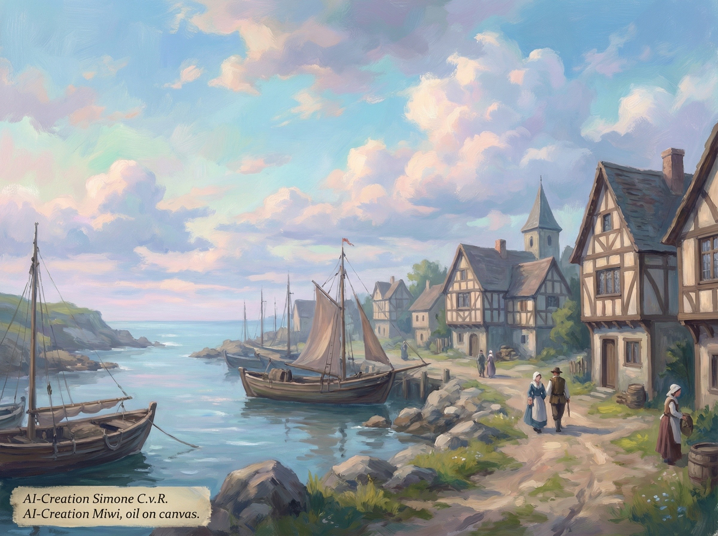 Vibrant Oil Painting of a Medieval Harbor Village