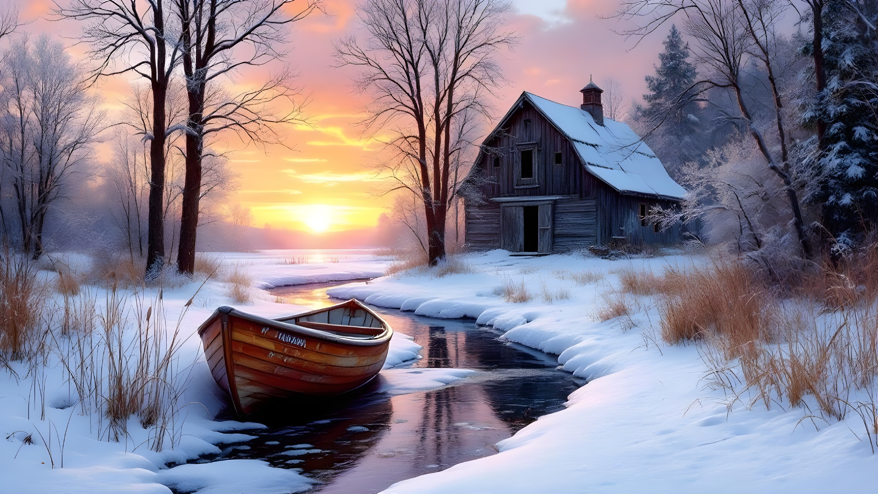 Winter Landscape with Rustic House and Stream