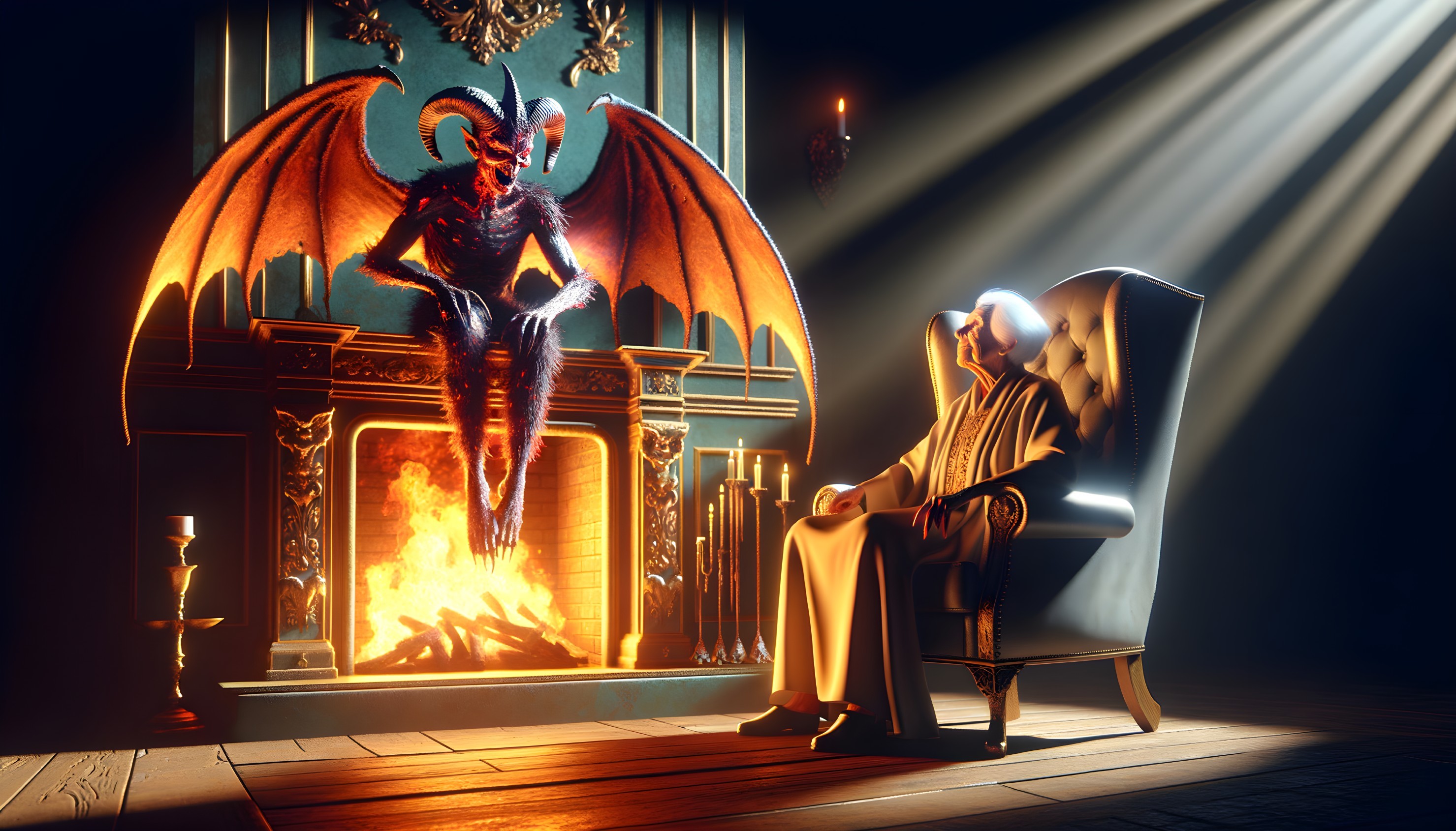 Person in suit gazes at winged demon by fireplace in eerie room