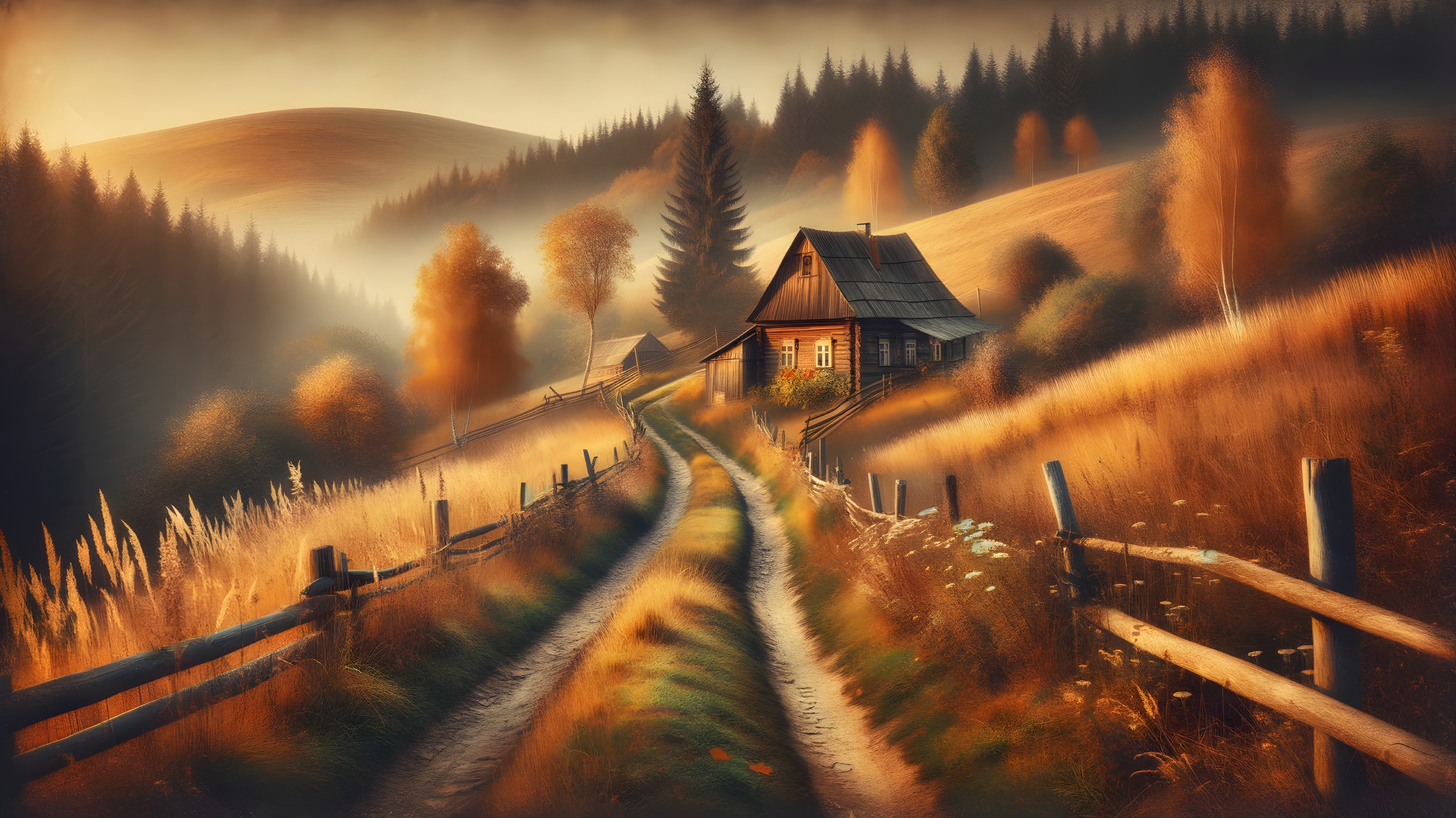 Rustic House in Autumn Countryside Landscape